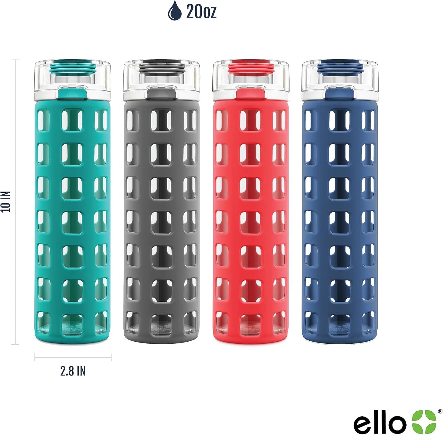 Ello Syndicate 20oz Reusable Glass Water Bottle with One-Touch Leak Proof Flip Lid and Protective Non-Slip Silicone Sleeve and Carry Loop for Coffee, Tea and Water, BPA-free Dishwasher Safe