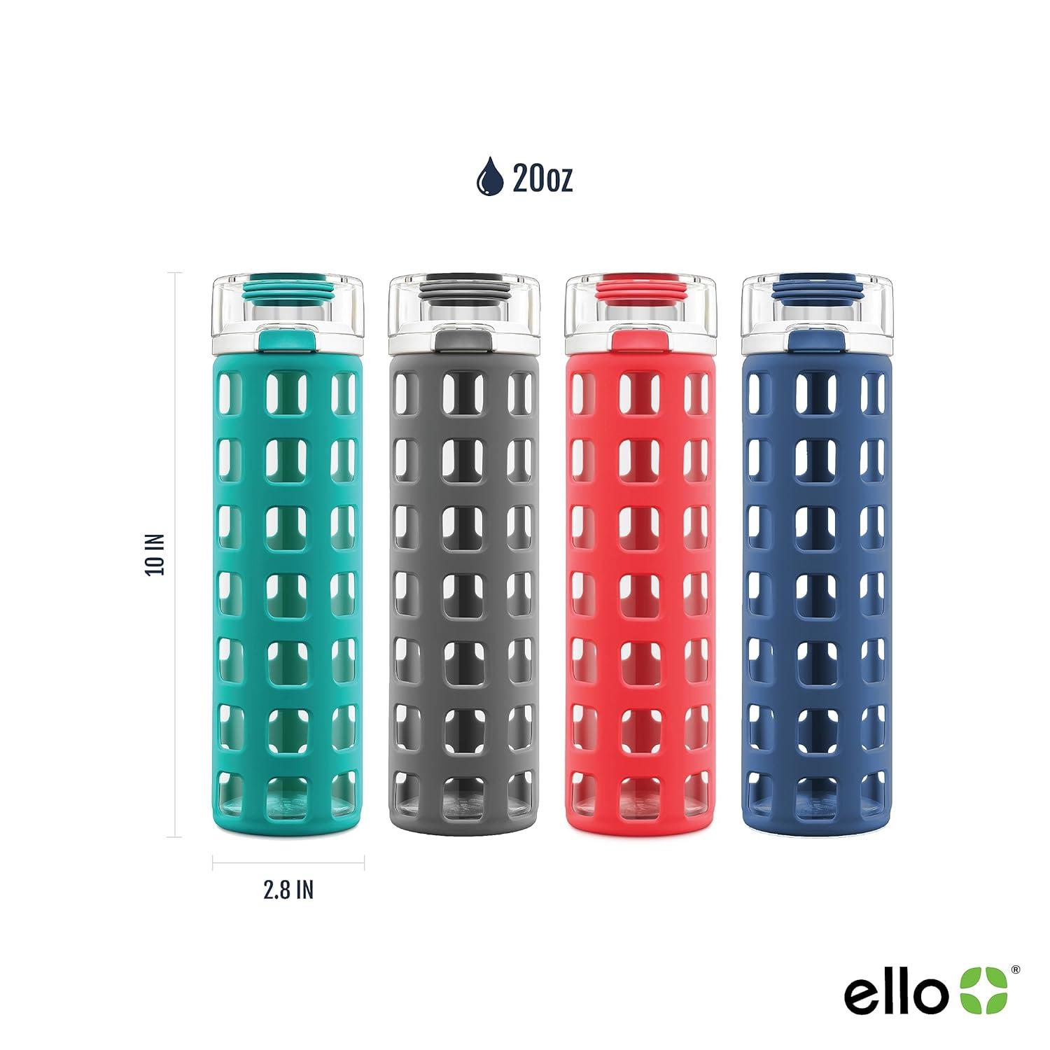 Ello Syndicate 20oz Reusable Glass Water Bottle with One-Touch Leak Proof Flip Lid and Protective Non-Slip Silicone Sleeve and Carry Loop for Coffee, Tea and Water, BPA-free Dishwasher Safe