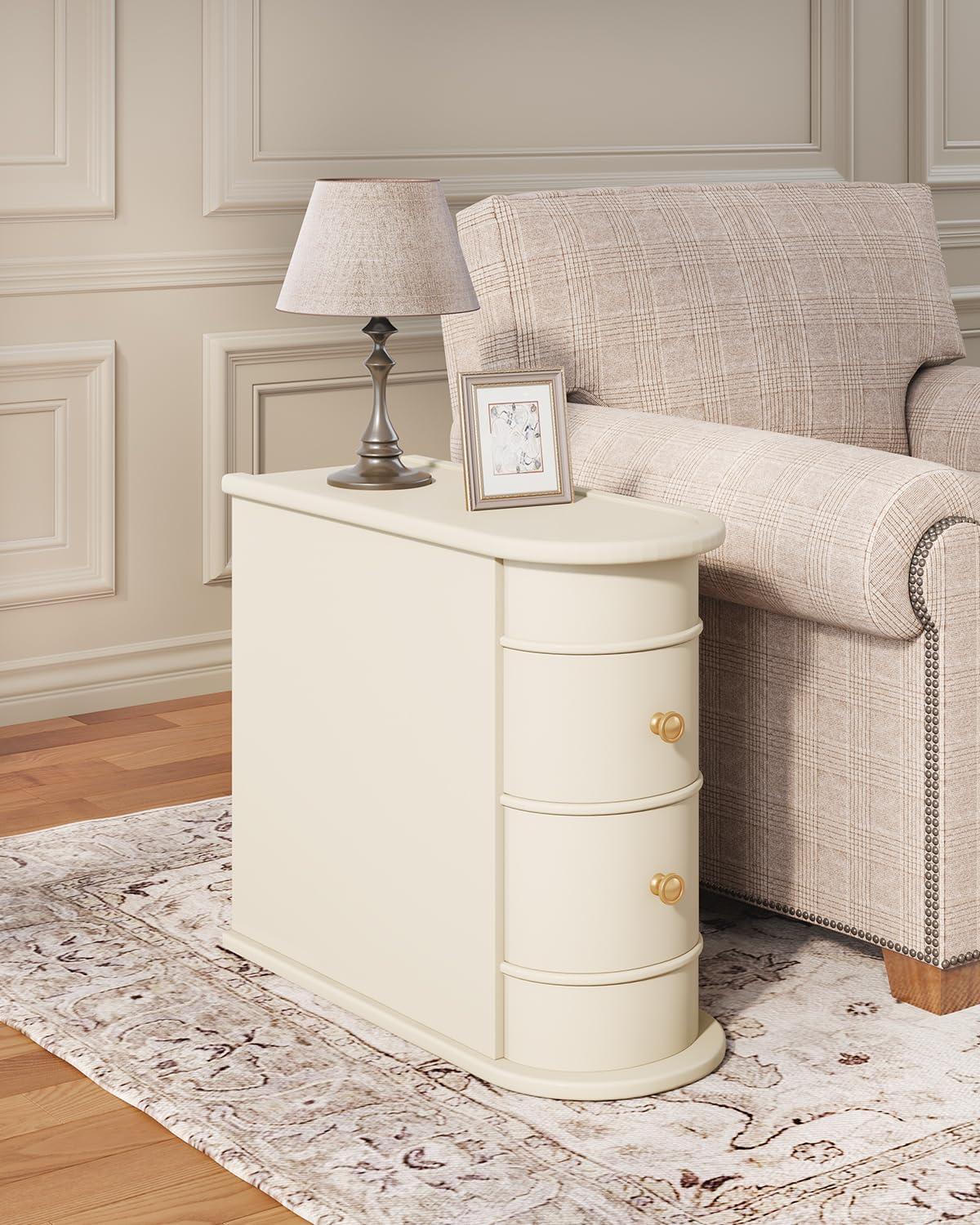 Hommoo Wood Narrow Nightstand with 2 Drawers Off-White