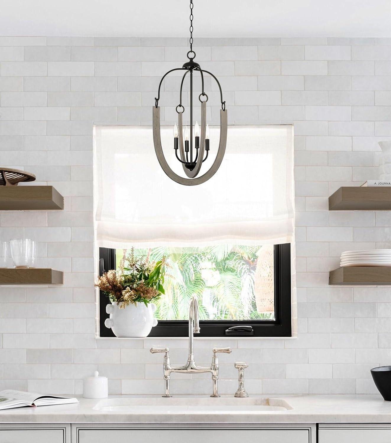 Kira Home Daphne 28" 4-Light Farmhouse Pendant Light, Gray Oak Wood Style + Black Finish