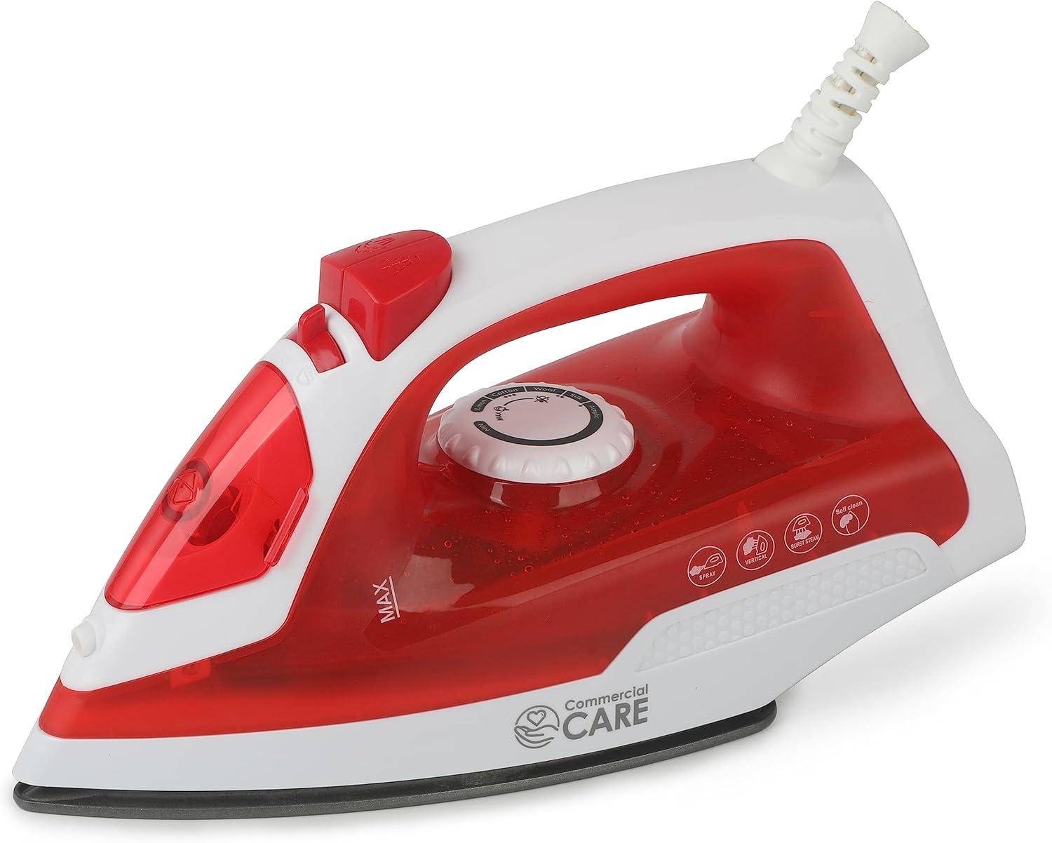 COMMERCIAL CARE Steam Iron, 1200 Watt Portable Iron, Self-Cleaning Steamer for Clothes with Nonstick Soleplate, 5.07 Oz. Tank, Red