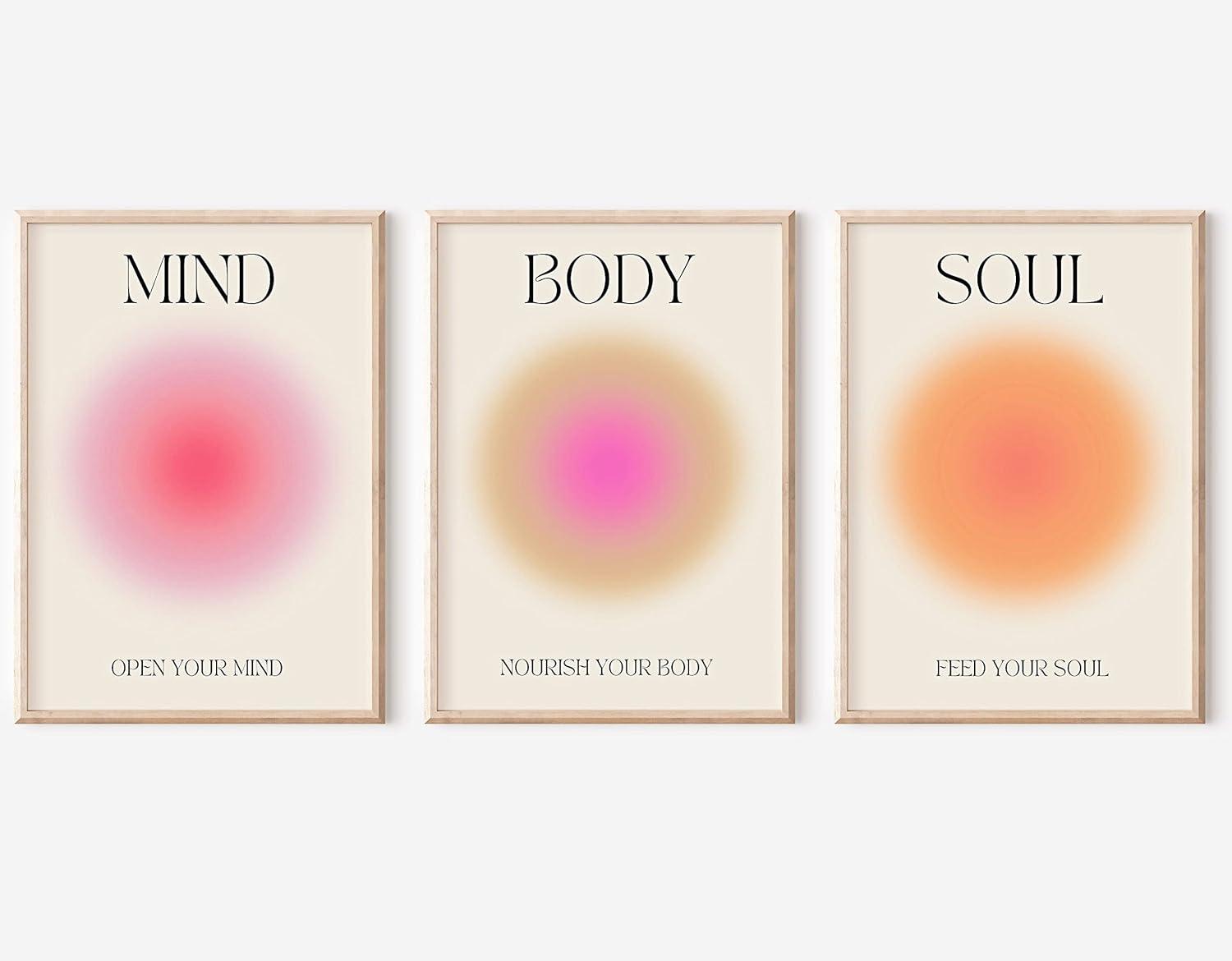 Asdg12s-Positive Aura Posters for Room Aesthetic 3 Piece Colorful Aura Grainy Gradient Canvas Wall Art Spiritual Soul Body Mind Quote Print Painting Danish Pastel Home Wall Decor for Bedroom