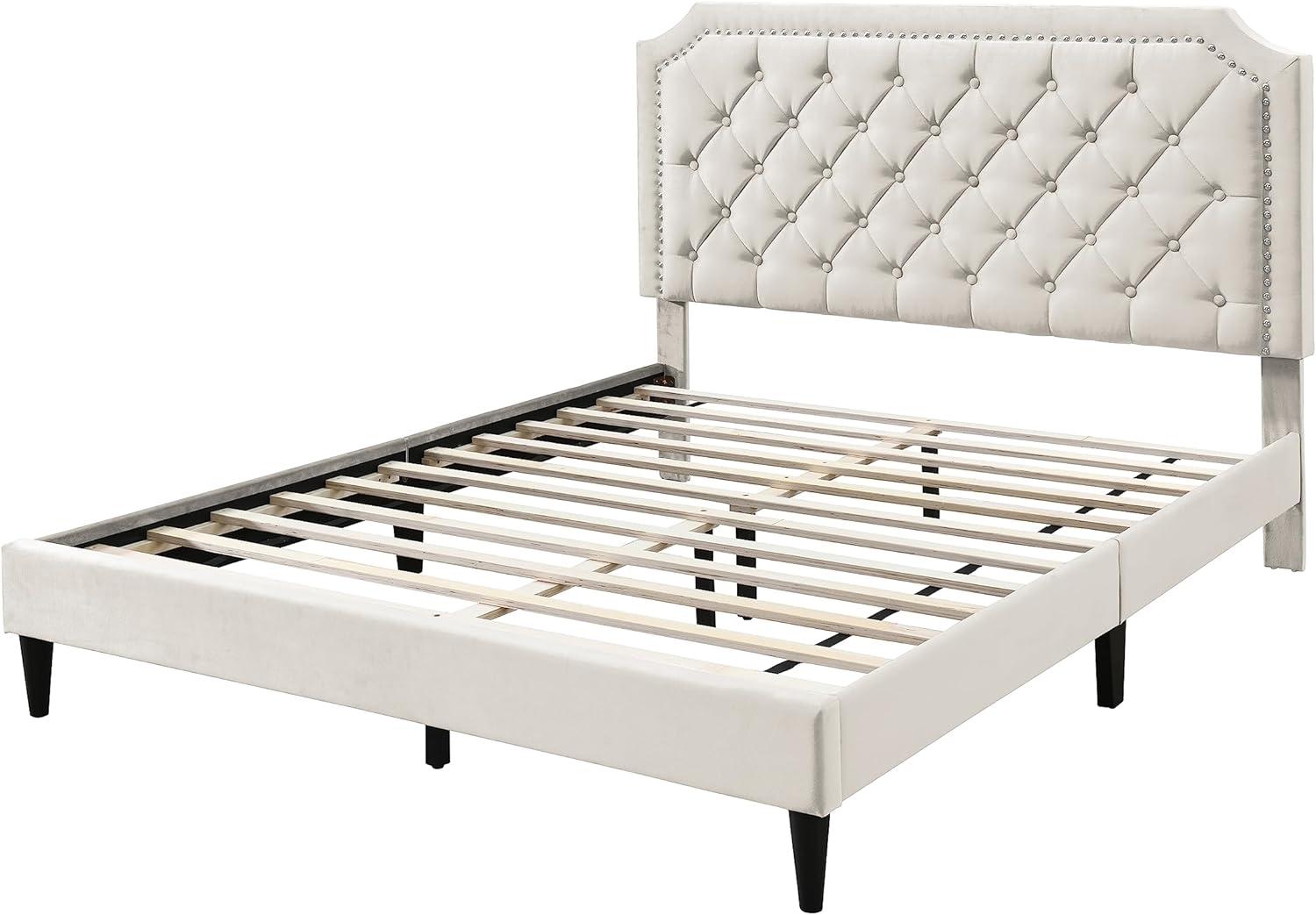 Urban Home Furniture Ava Plush Velvet Tufted Buttoned Upholstered Headboard Clipped Edge Nailhead Decorated Platform Bed Frame with Wood Slats Support Legs Full - Beige