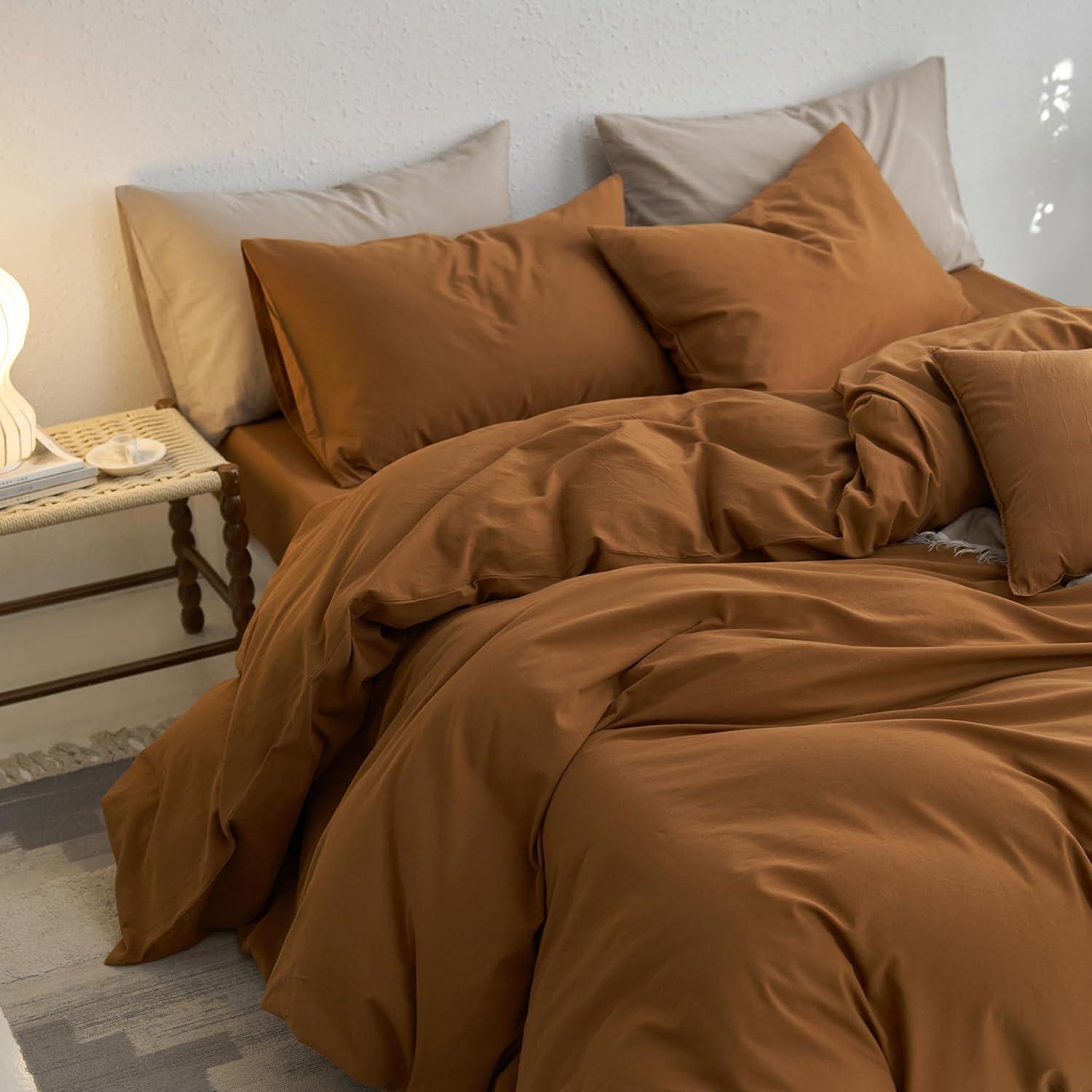 MOOMEE 100% Washed Cotton Linen Like Textured Duvet Cover Set