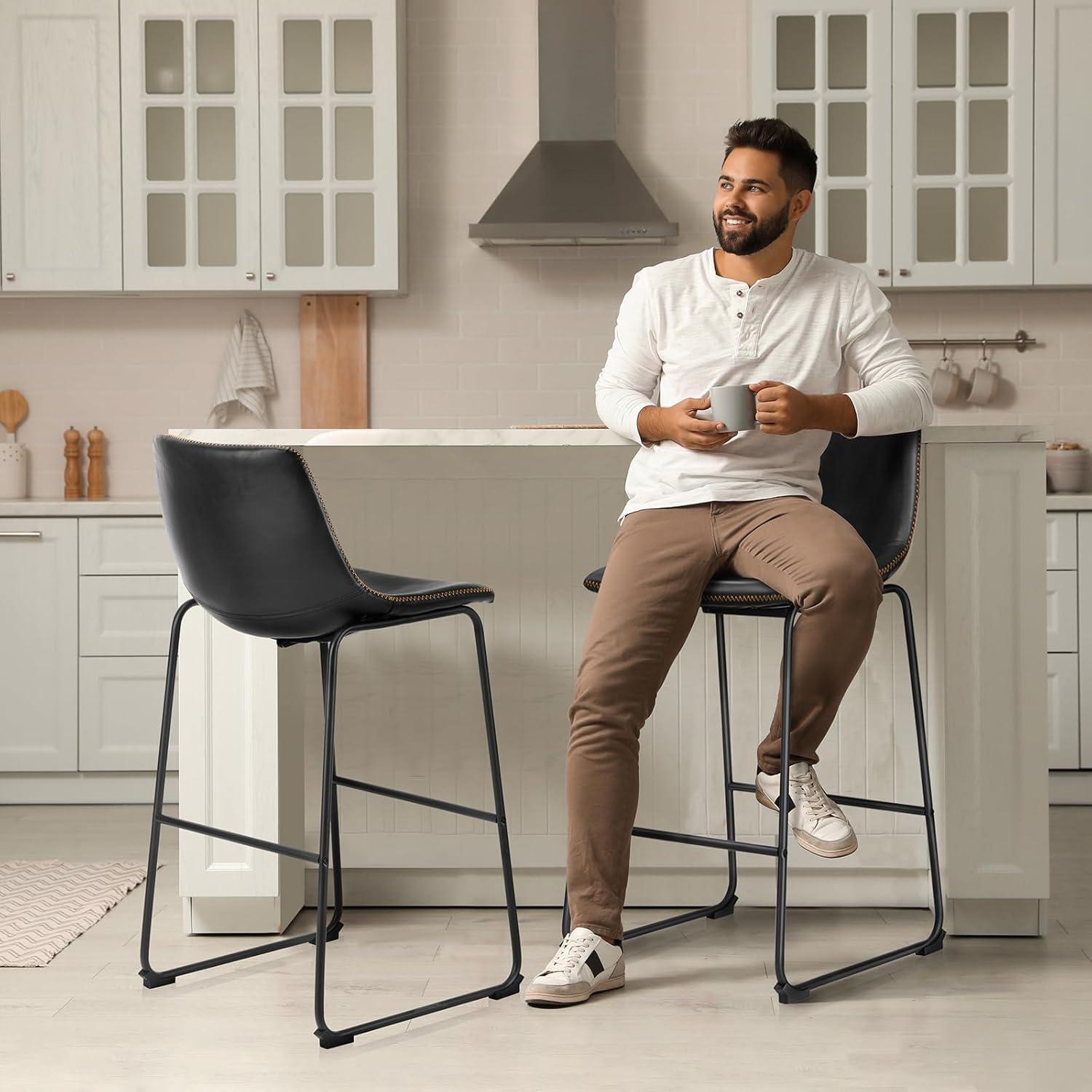 GIKPAL Barstools 26'' PU Leather Counter Height Bar Stools Set of 4 with Back Modern Armless Chairs with Footrest and Metal Legs for Kitchen Living Room Pub, Black