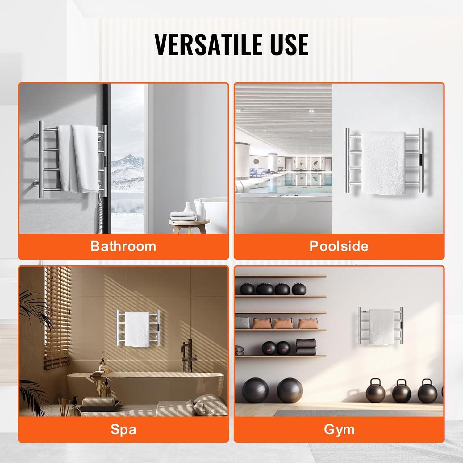 VEVOR 4 Bars Towel Warmer Rack, Wall Mounted Heated Towel Rack for Bathroom, IPX5 Waterpoof Towel Heater Rack with Timer & LED Display Screen, 5 Levels Adjustable Temperature Towel Heater, Silver