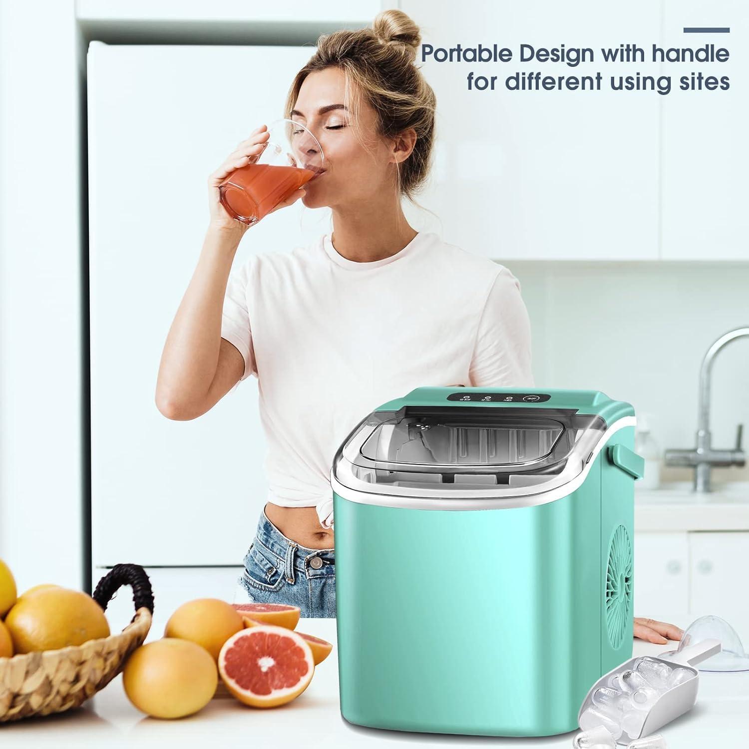 R.W.FLAME Ice Makers Countertop with Handle,26.5Lbs/24H,9 Cubes in 6 Mins,2 Sizes of Bullet Ice,Portable Ice Maker Machine with Self-Cleaning, green