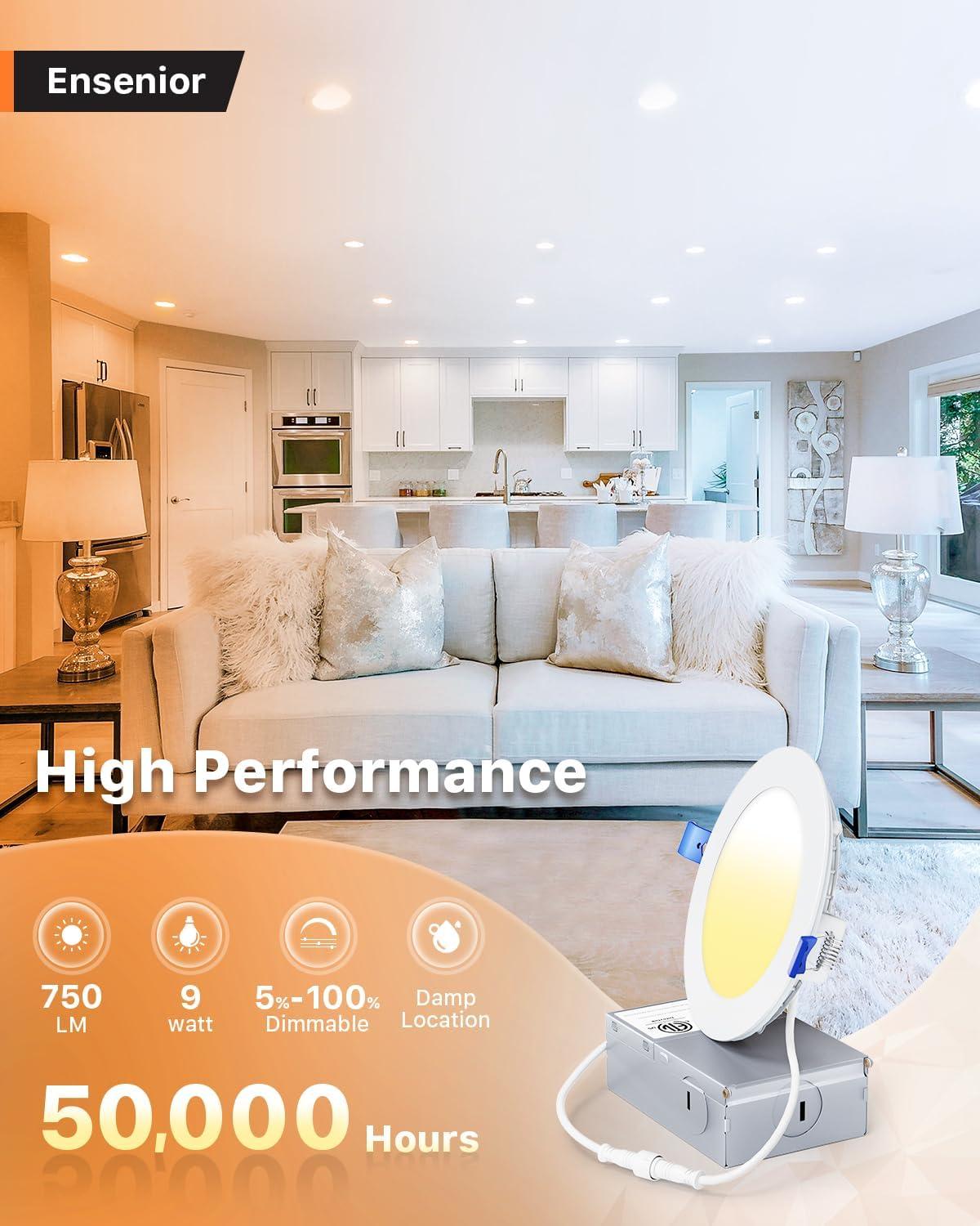 Ensenior 12 Pack 4 Inch Ultra-Thin LED Recessed Ceiling Light with Junction Box, 3000K/4000K/5000K Selectable, 9W 75W Eqv, Dimmable, 750LM High Brightness - ETL and Energy Star Certified 4 Inch 5000k/4000k/3000k - 3cct White