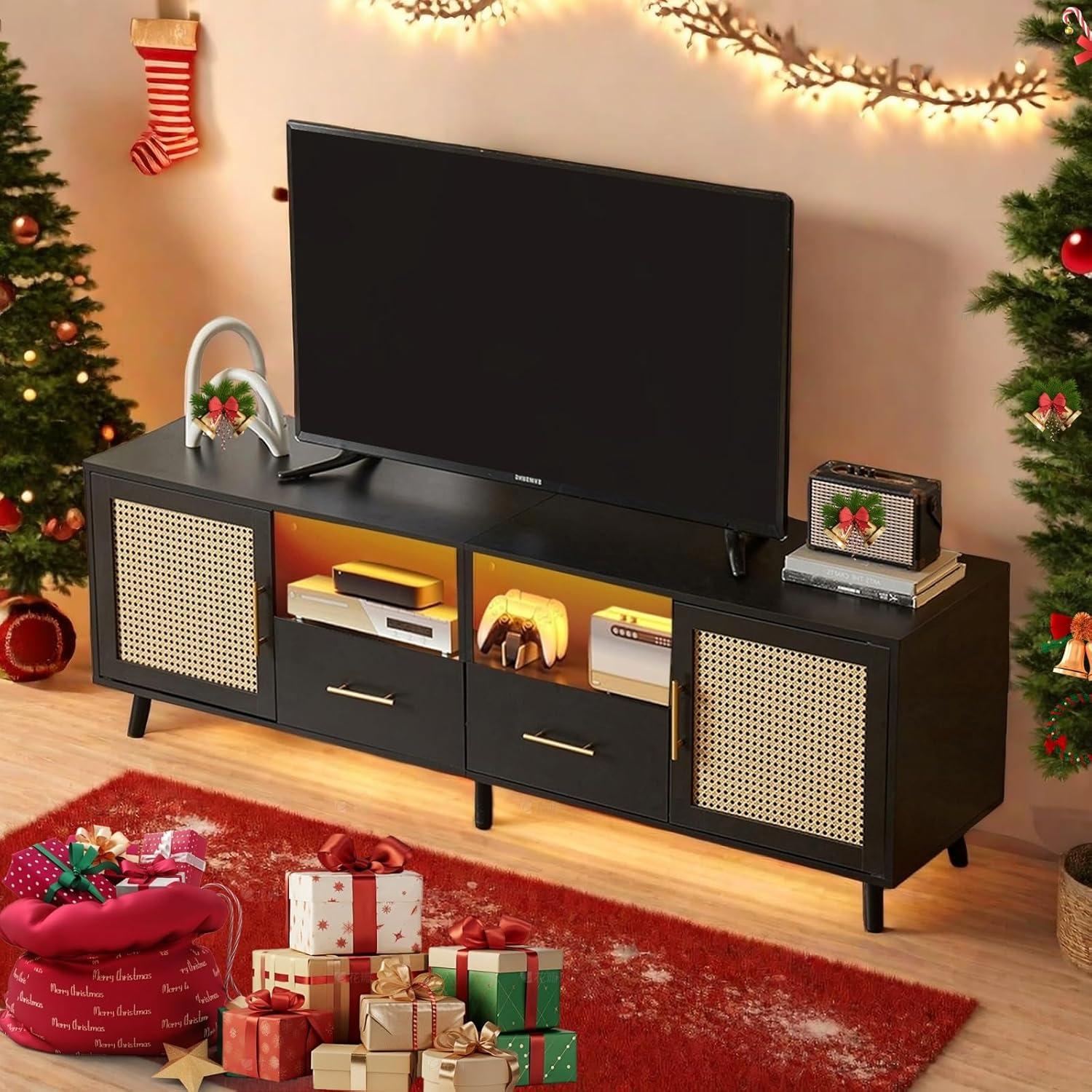 Bay Isle Home™ Heyer Large Wood Rattan TV Stand for TVs up to 75" with LED Light and Charging Station, Coastal Media Console Table, Multimedia Storage Furniture with 2 Drawers, Lighting TV Cabinet