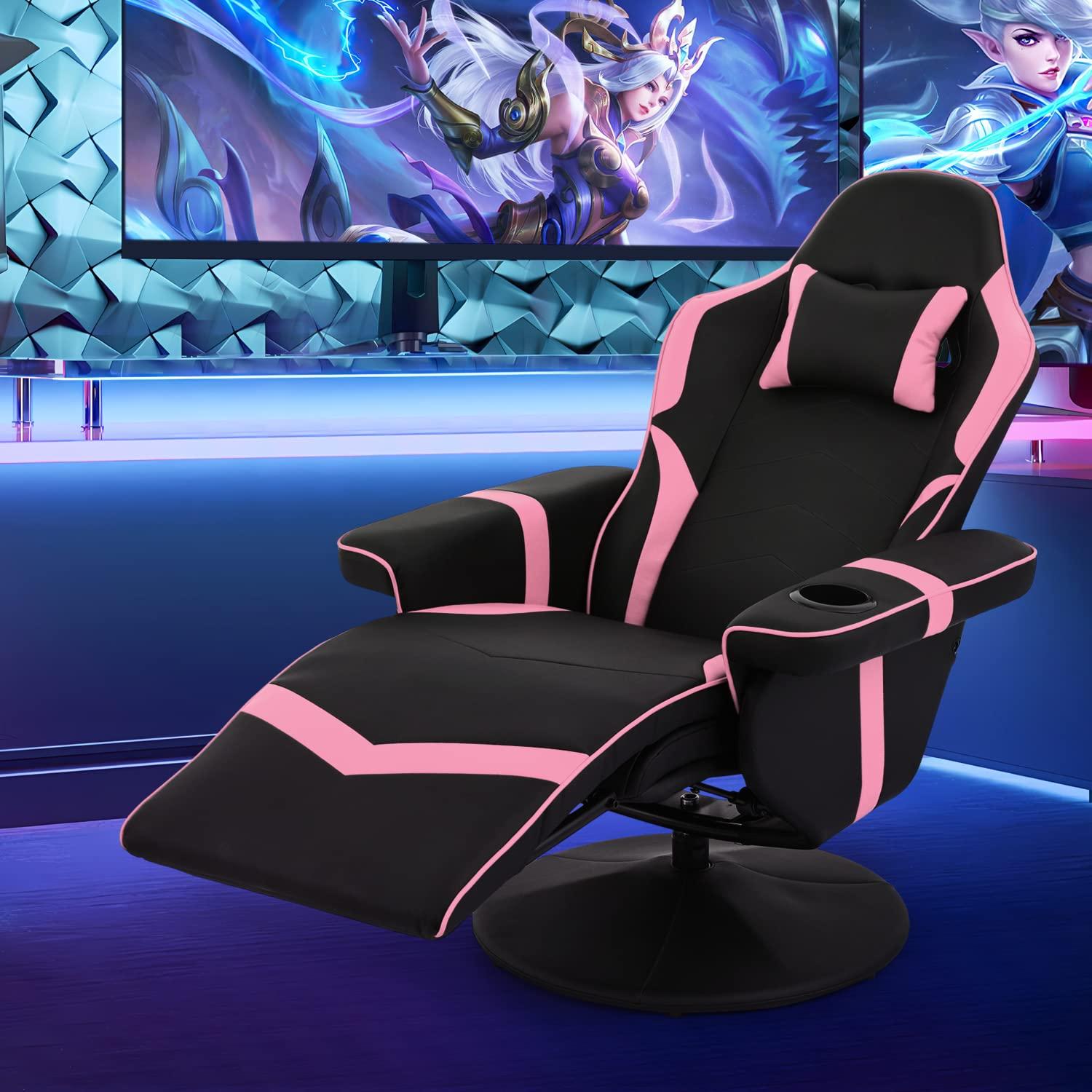MoNiBloom Racing Style Pu Leather Ergonomic Adjusted Reclining Video Gaming Sofa Chair Seat with Adjustable Backrest and Footrest Cup Holder Pillow, Pink