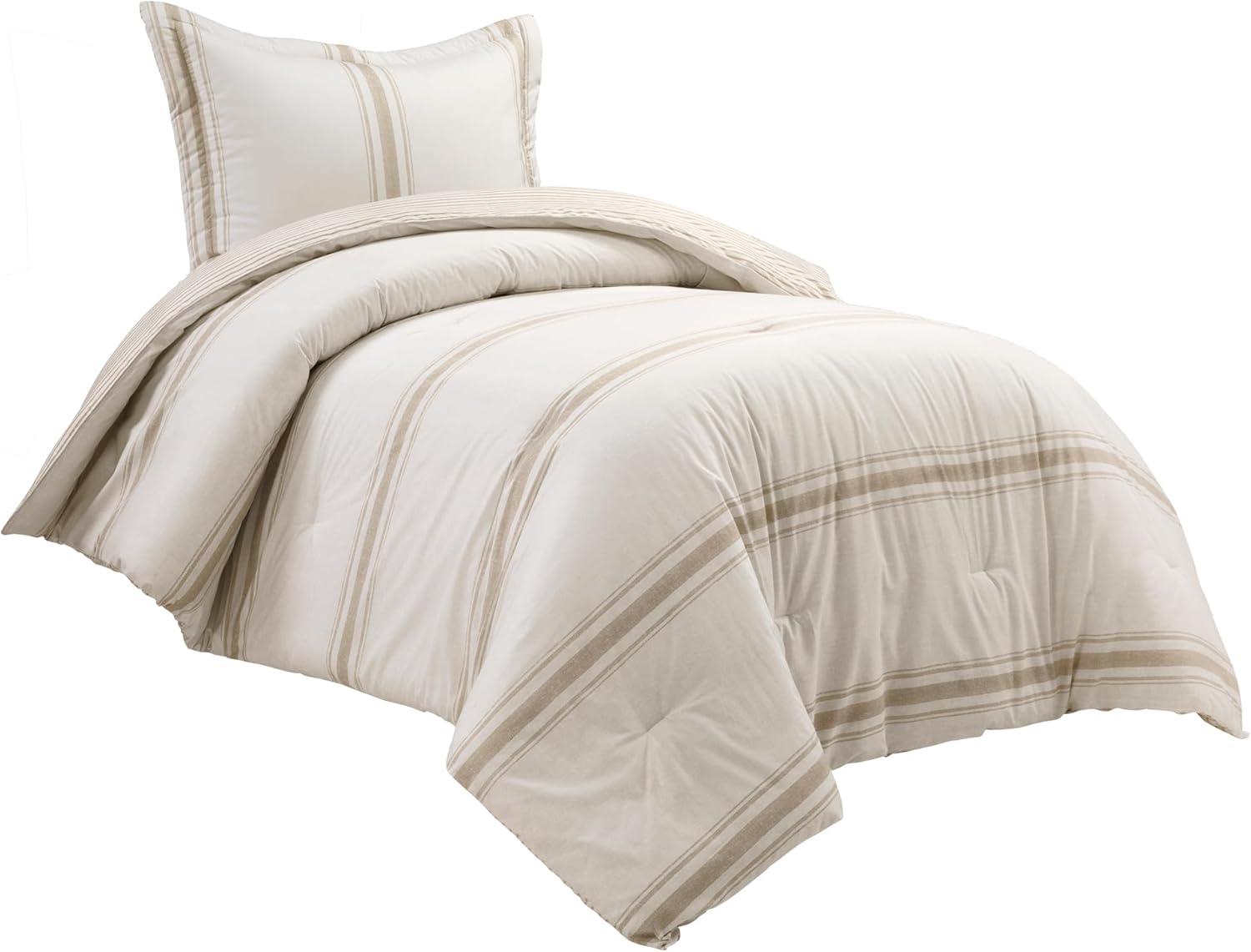 2pc Twin/Twin Extra Long Farmhouse Stripe Reversible Comforter & Sham Set Neutral - Lush Décor: Year-Round Plain Weave