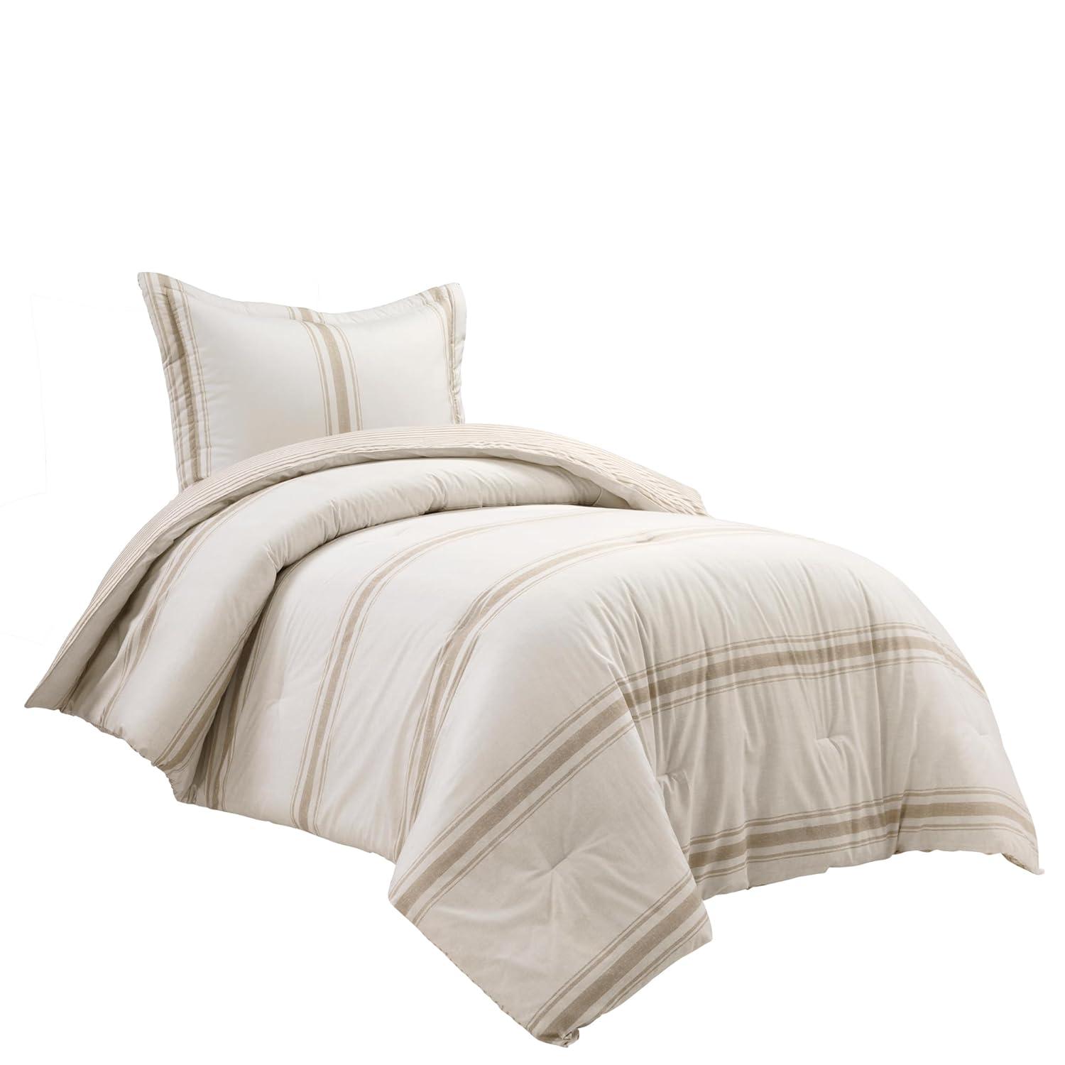 2pc Twin/Twin Extra Long Farmhouse Stripe Reversible Comforter & Sham Set Neutral - Lush Décor: Year-Round Plain Weave
