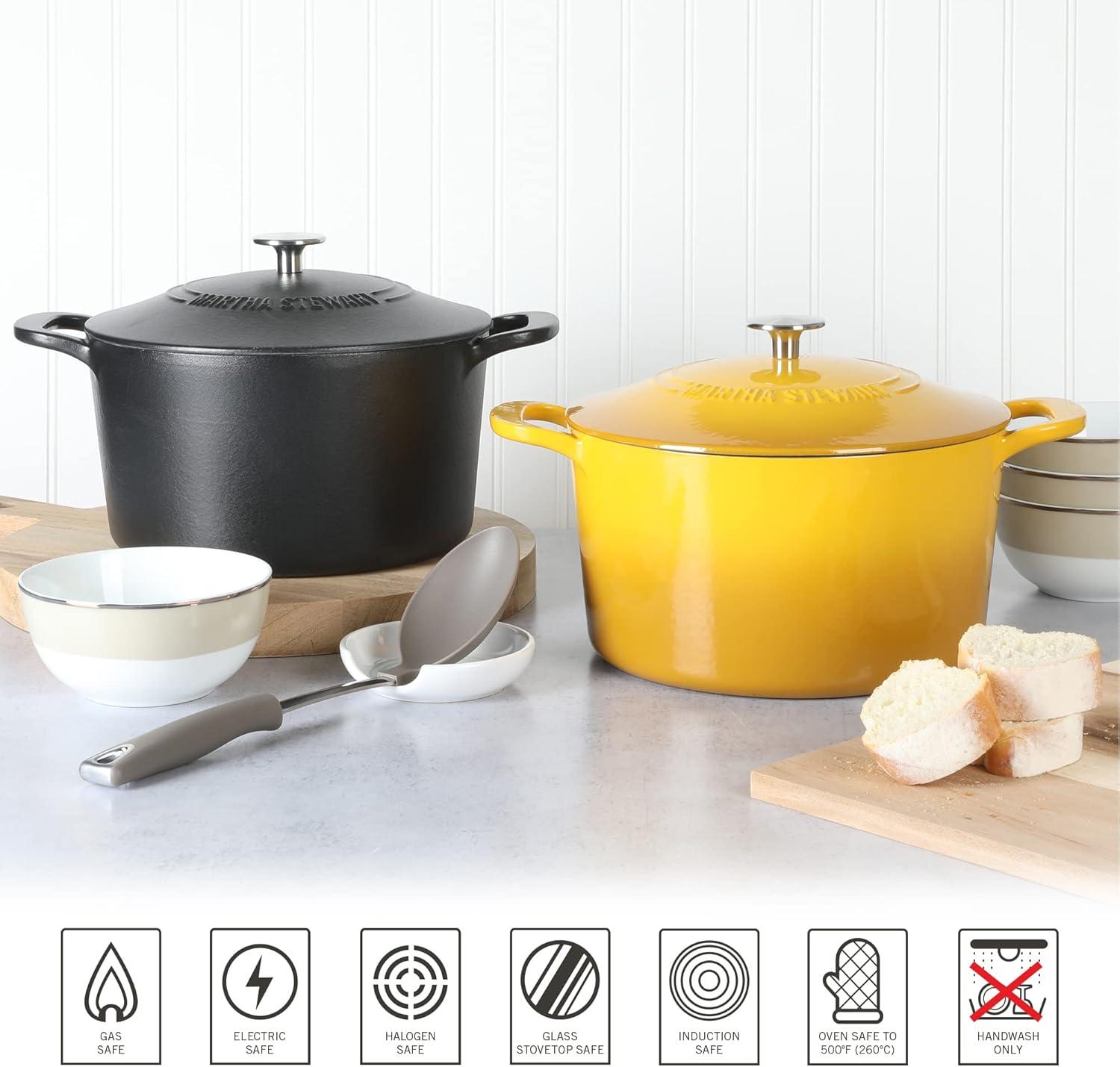 Martha Stewart Gatwick 7qt Enamel Cast Iron Dutch Oven Matte Black: Oven-Safe, Gas & Electric Compatible, 15" Diameter