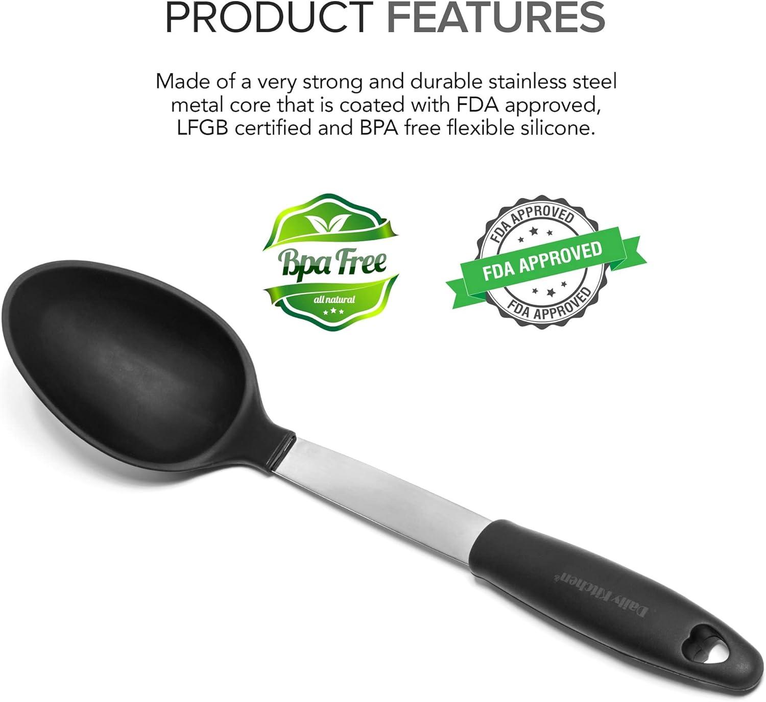 Cooking Spoons Set Heat Resistant Silicone and Stainless Steel Metal - Serving Spoon with Rubber Grip - Flexible Silicone Spoon for Non Stick Cookware – Spoons for Cooking – 2-Set