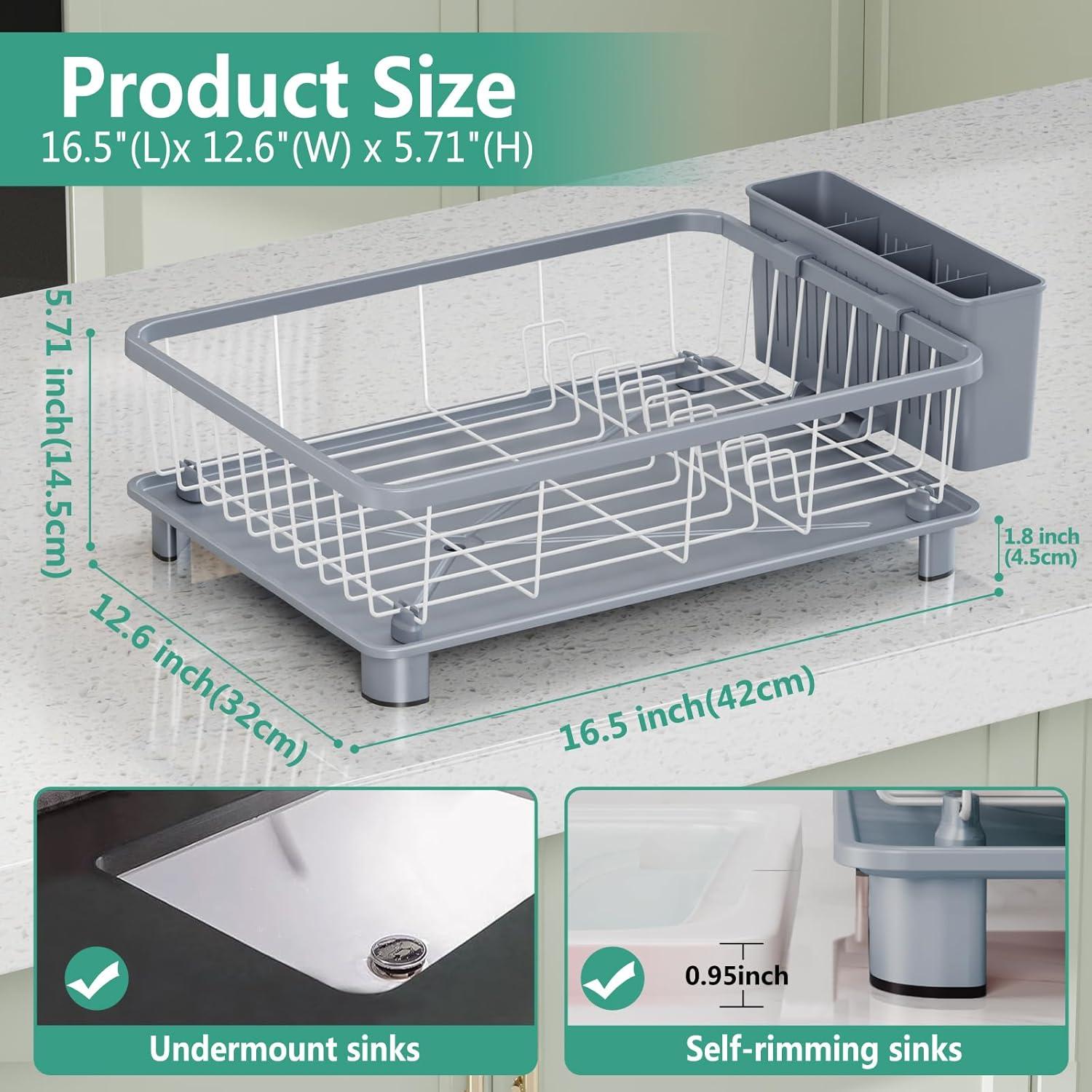 iSPECLE Dish Drying Rack with Drainboard - Dish Racks for Kitchen Counter, Rust-Resistant Compact Dish Drainer with Utensil Holder, Drain Spout and High Feet on Drip Tray, Black
