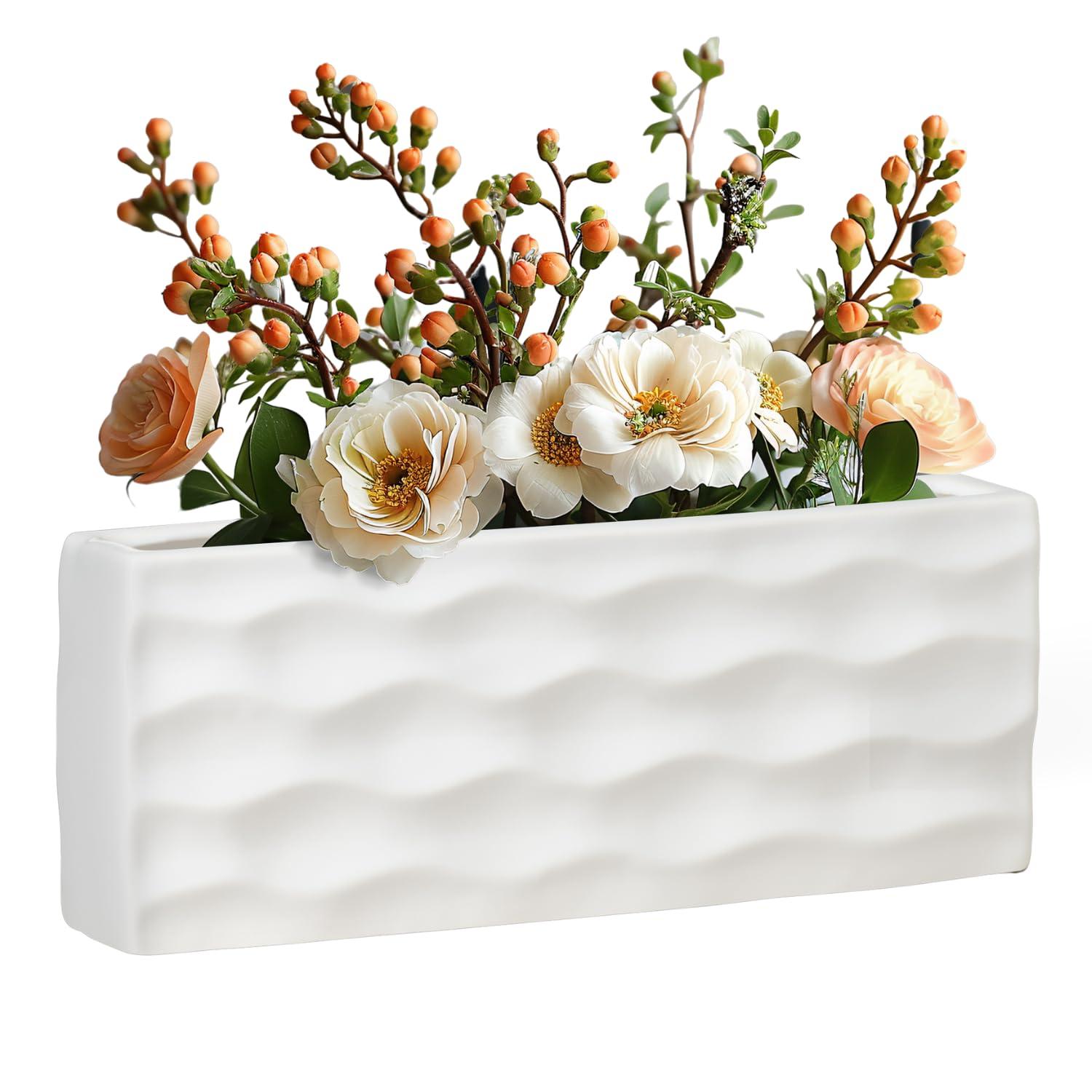 Elegant Glossy White Ceramic Rectangular Vase for Faux or Fresh Bouquets