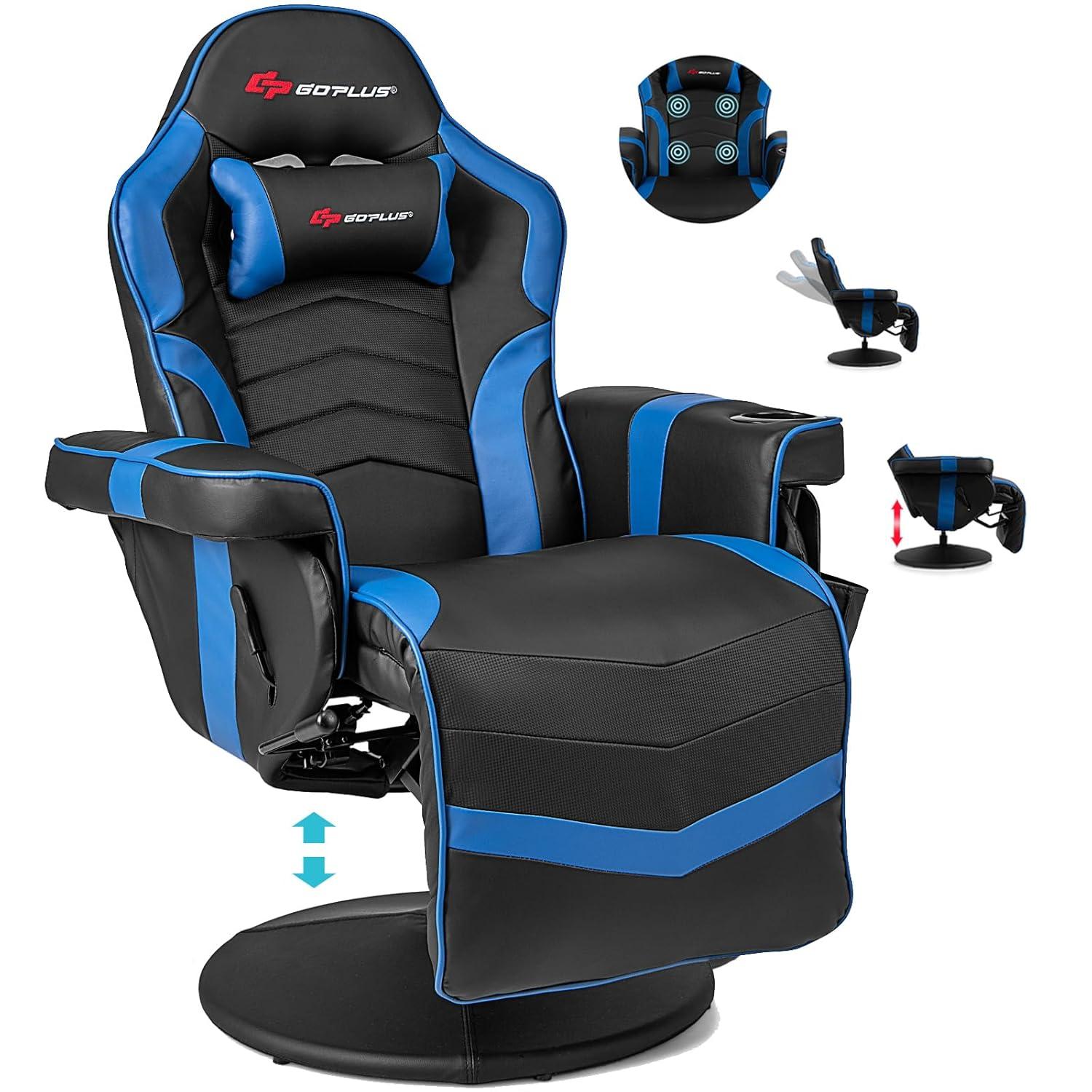POWERSTONE Gaming Recliner Massage Gaming Chair with Footrest Ergonomic PU Leather Single Sofa with Cup Holder Headrest and Side Pouch, Adjustable Living Room Chair Seating, Black