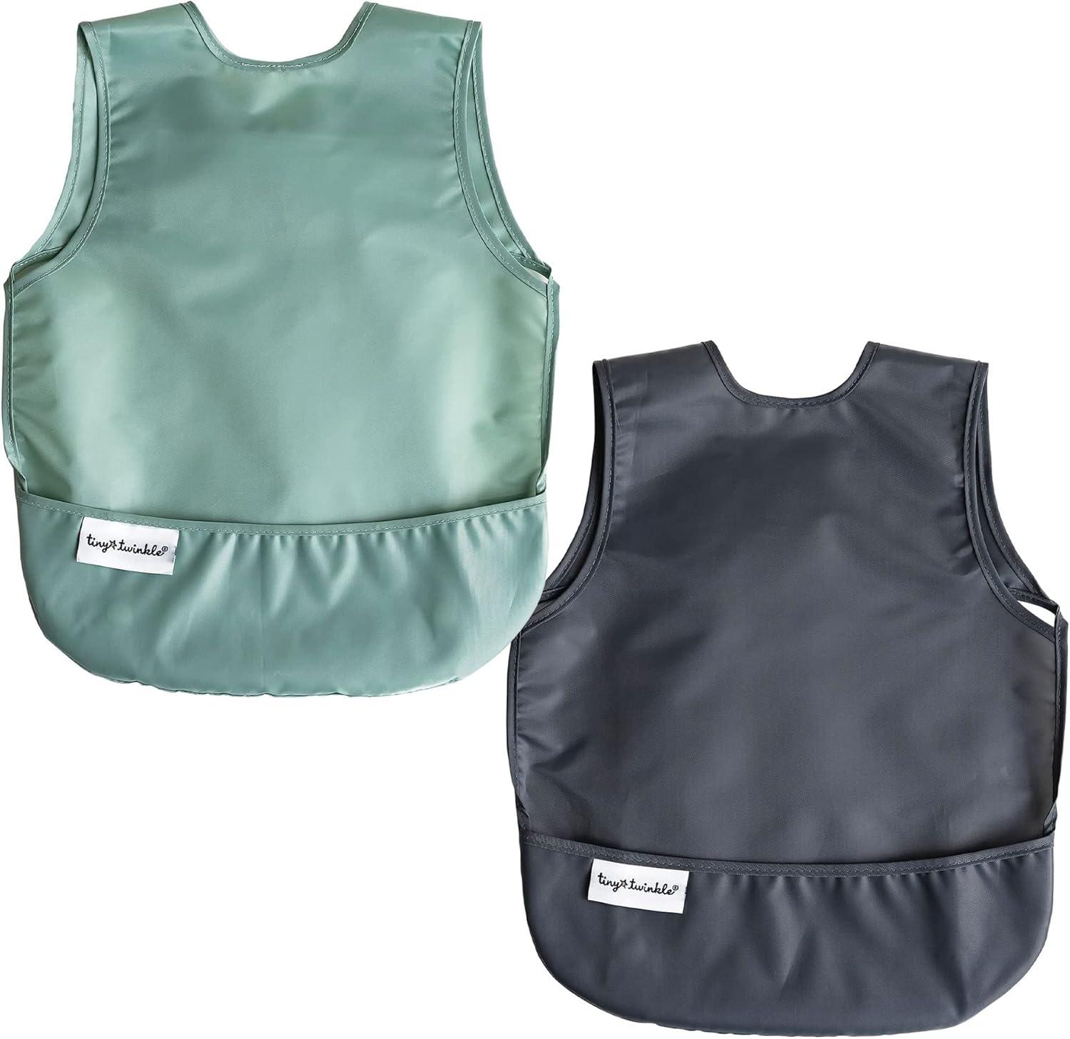 Tiny Twinkle 2-Pack Mess-Proof Apron Toddler Bib w/Tug-Proof Closure and BPA-Free (Sage Charcoal, Small 6-24 Months)