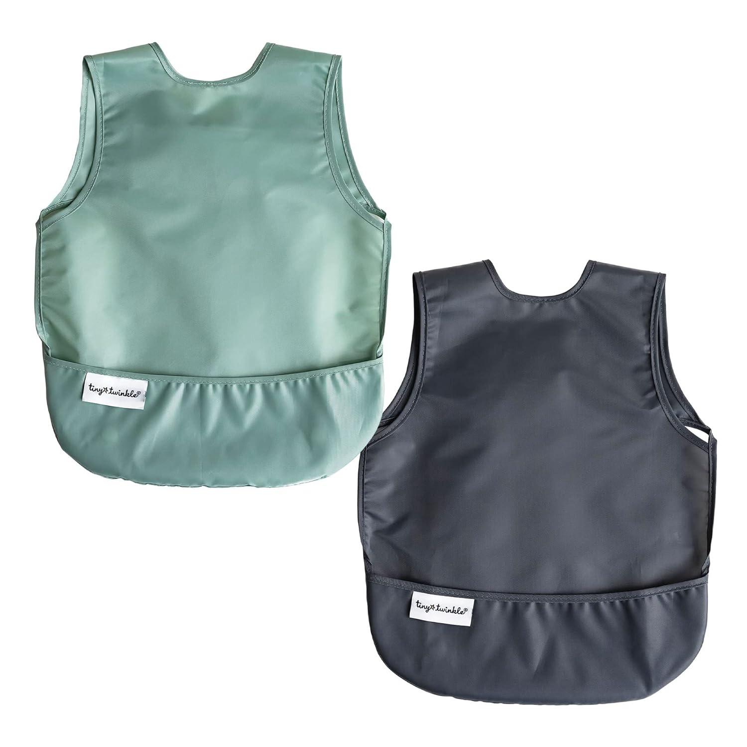 Tiny Twinkle 2-Pack Mess-Proof Apron Toddler Bib w/Tug-Proof Closure and BPA-Free (Sage Charcoal, Small 6-24 Months)