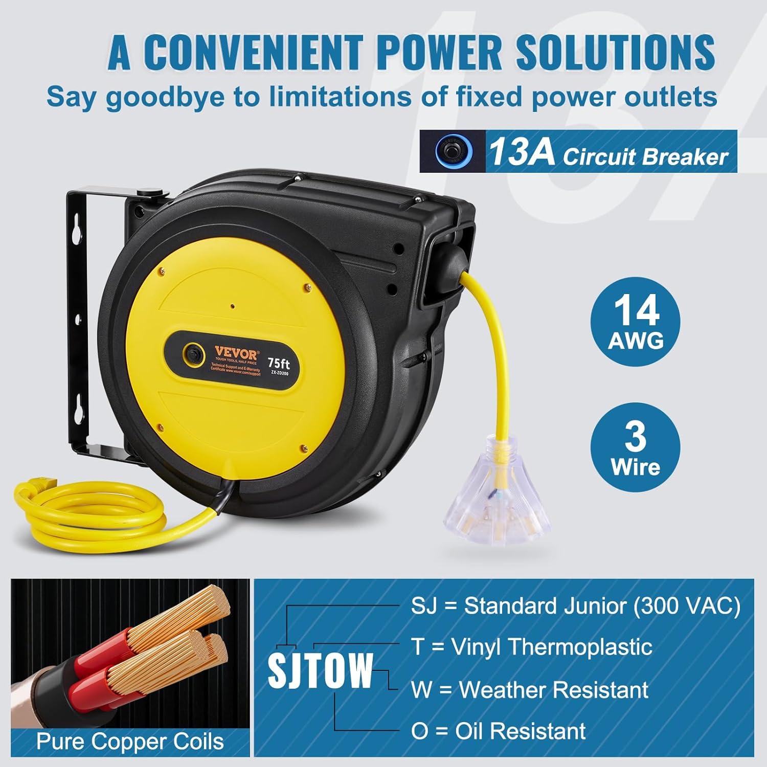 Retractable Extension Cord Reel Power Cord Reel 75FT