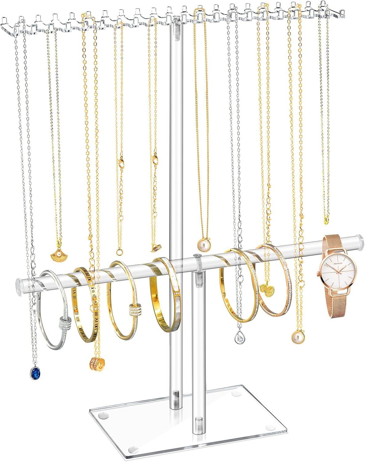 Premium Jewelry Stand , Solid Clear 2-Tier Acrylic Jewelry Organizer Stand & Bracelet holder Stand for Necklace Display, Ring & Watch Display