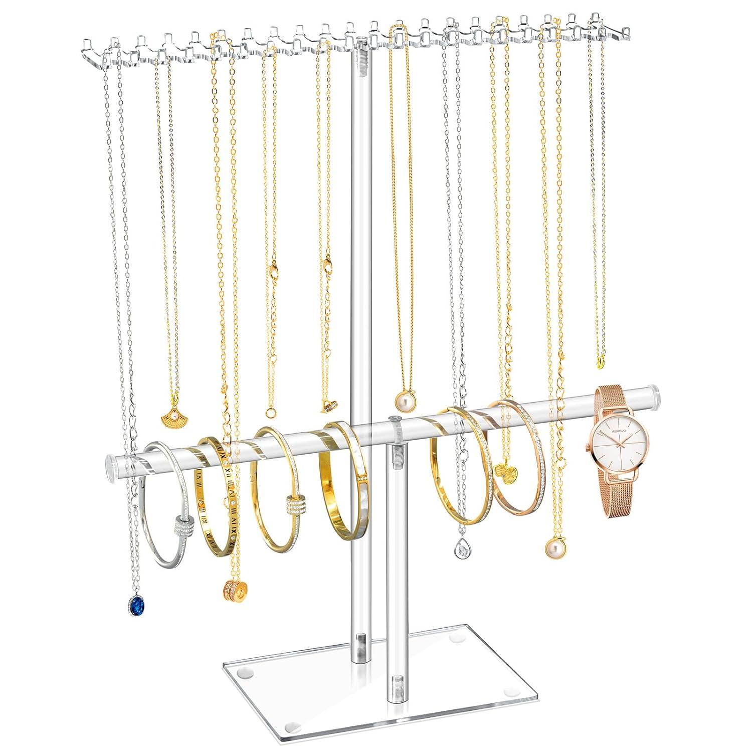 Premium Jewelry Stand , Solid Clear 2-Tier Acrylic Jewelry Organizer Stand & Bracelet holder Stand for Necklace Display, Ring & Watch Display