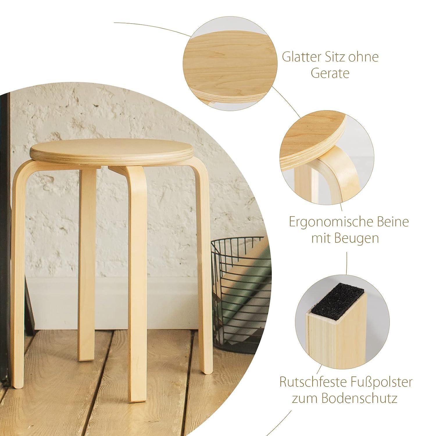 GVN Stackable Stools Set of 4 with Square Top and Rounded Corners-Natural, Dining Room Chairs, Lounge Chair for Kitchen, Dining, Bedroom, Living