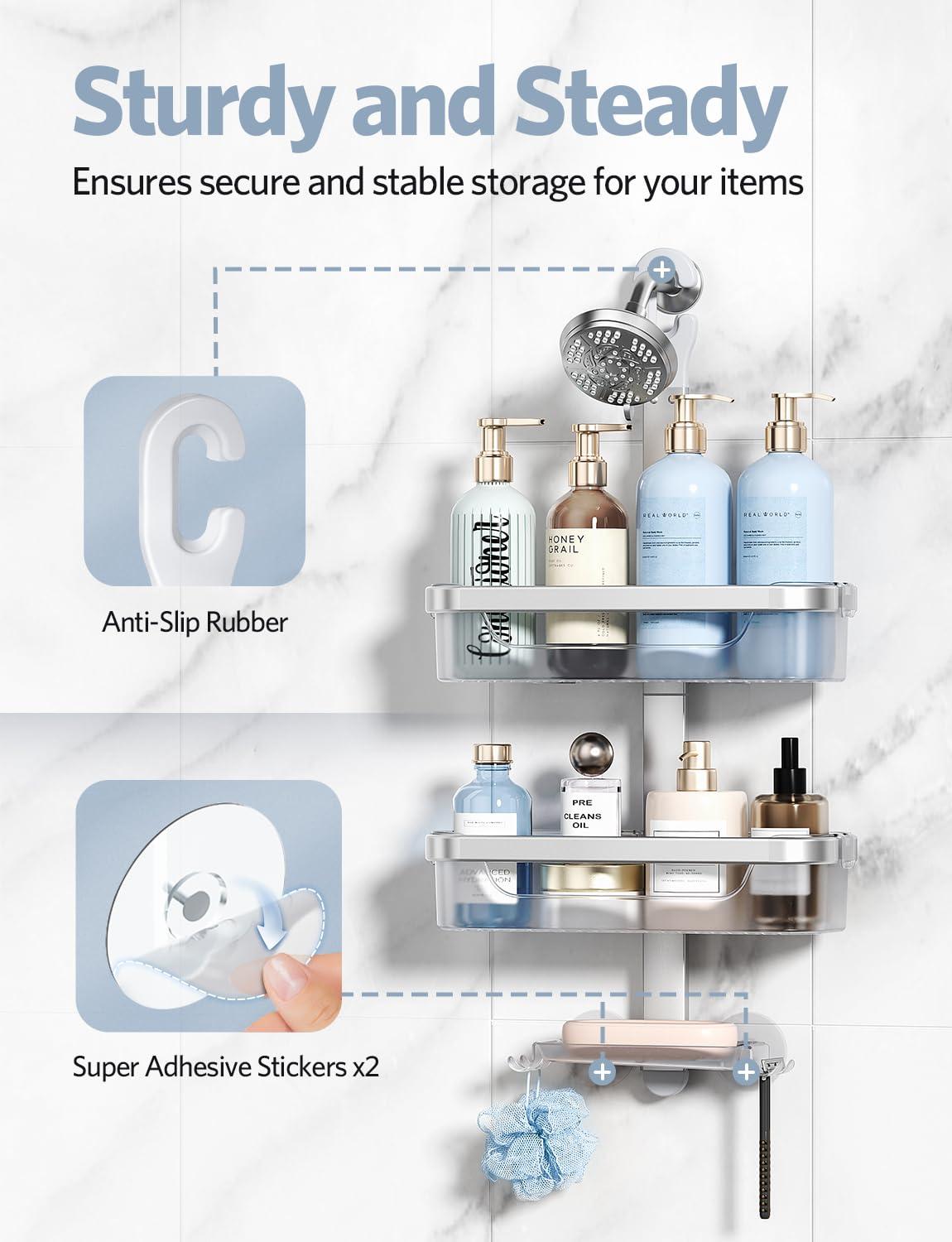 Rebrilliant Adjustable-Shower-Caddy-Hanging, Rust Proof Shower Hanging Organizer, 3-Tier Aluminum Alloy + ABS, Large Capacity Shower Caddy Over-The-Showerhead With Hooks, Razor Holder, Soap Dish