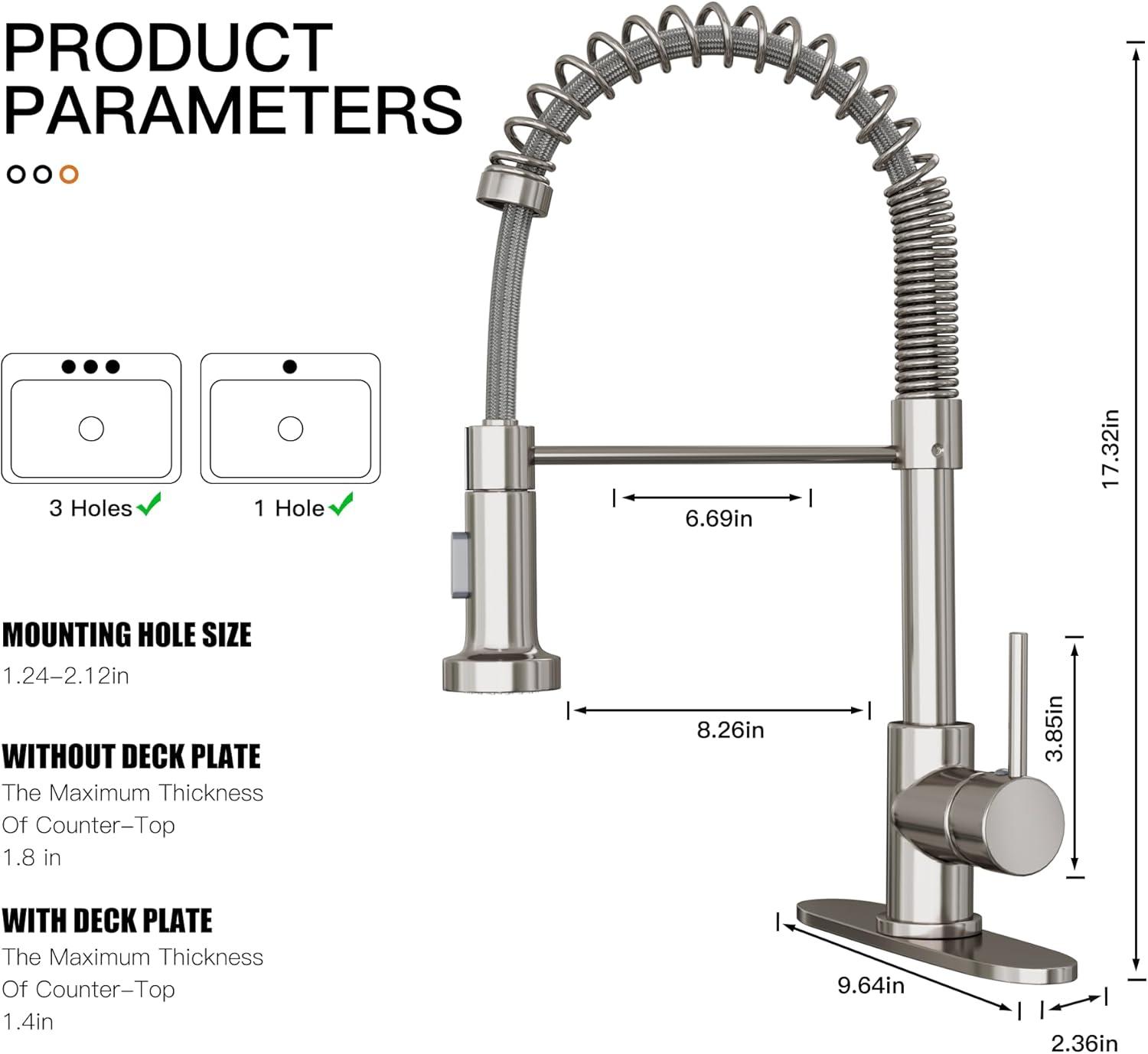 1-Handle Pull Down Sprayer Kitchen Faucet Spring Stainless Steel Kitchen Sink Faucet in Brushed Nickel