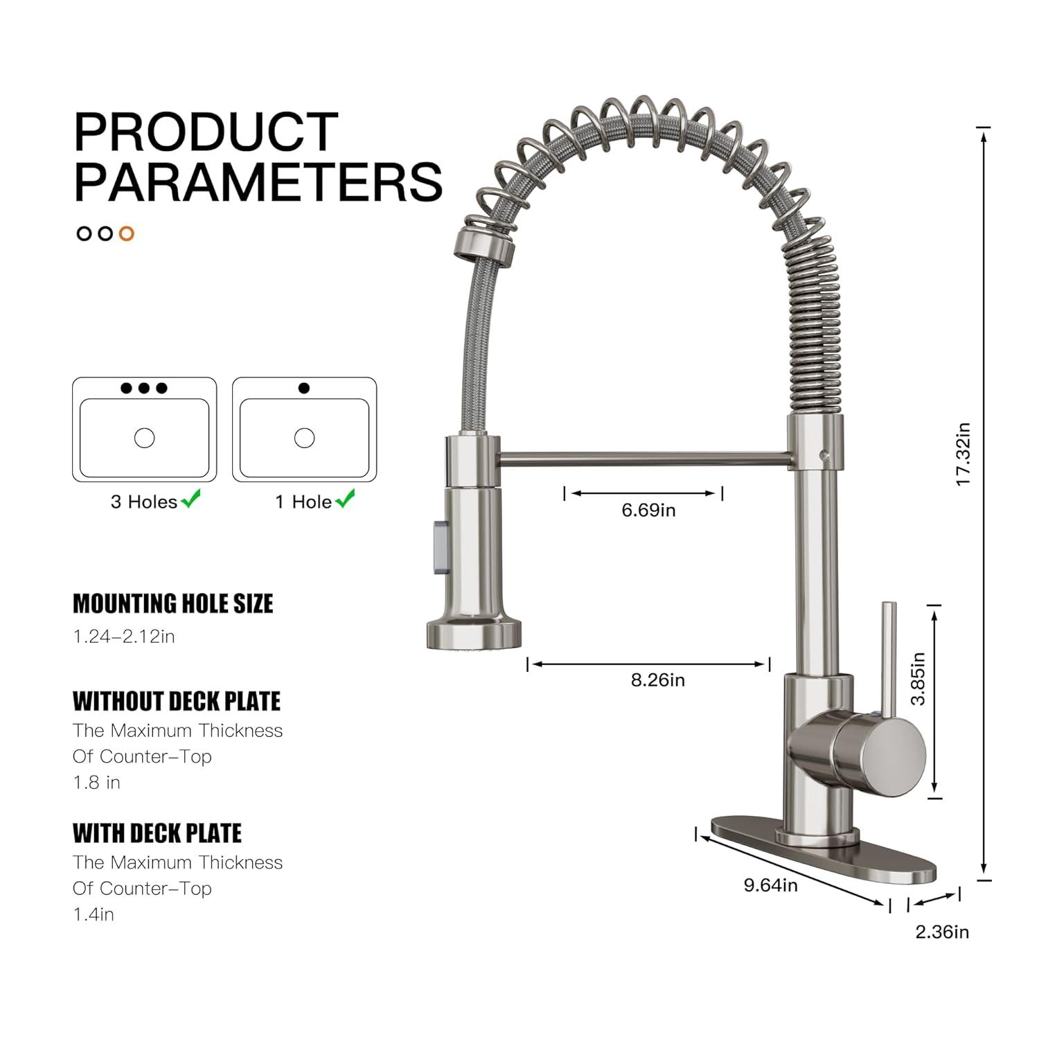 1-Handle Pull Down Sprayer Kitchen Faucet Spring Stainless Steel Kitchen Sink Faucet in Brushed Nickel