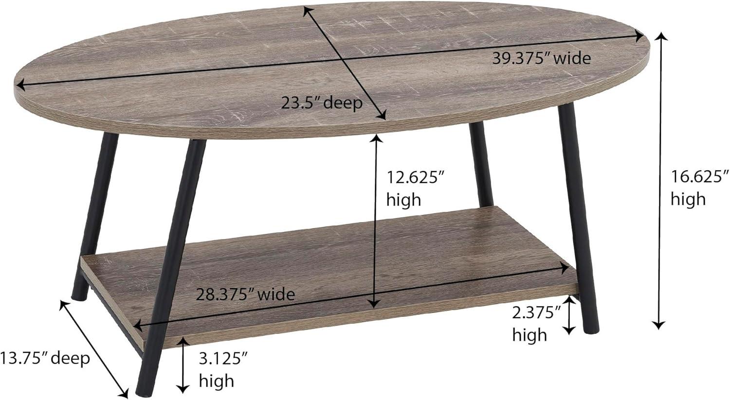 Household Essentials Jamestown Oval Coffee Table Ashwood: Modern Mid-Century Design, Iron Frame, Particle Board Surface, Lower Storage Shelf