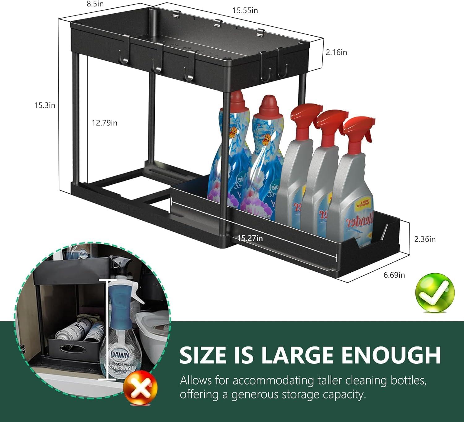 Kisportee 2 Pack Under Sink Organizer, 2 Tier Sliding Under Bathroom Cabinet Organizer with 10 Hooks and 4 Hanging Cups, Multi-Purpose Kitchen Counter Shelf, Black