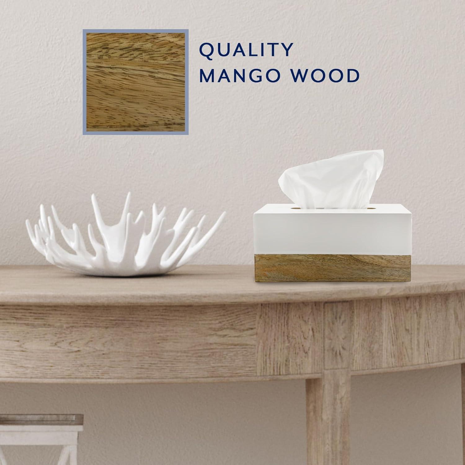 AuldHome Design Rectangular Tissue Box Cover (Enamel/Mango Wood); Minimalist Scandinavian Decor White Oblong Tissue Holder
