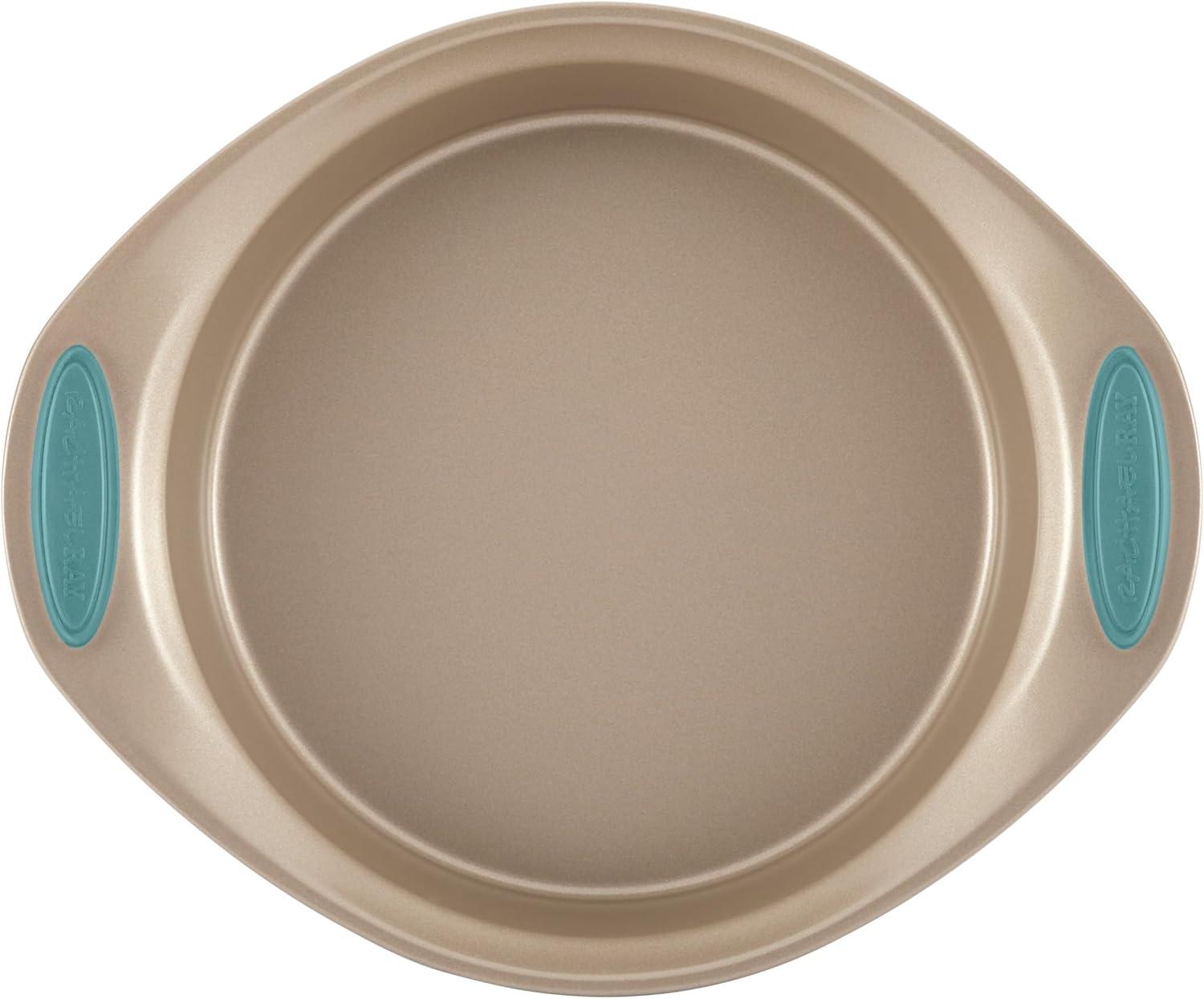 Rachael Ray 47578 Cucina Nonstick Bakeware Set with Grips Includes Nonstick Bread Pan, Baking Sheet, Cookie Sheet, Baking Pans, Cake Pan and Muffin Pan - 10 Piece, Latte Brown with Agave Blue Grips