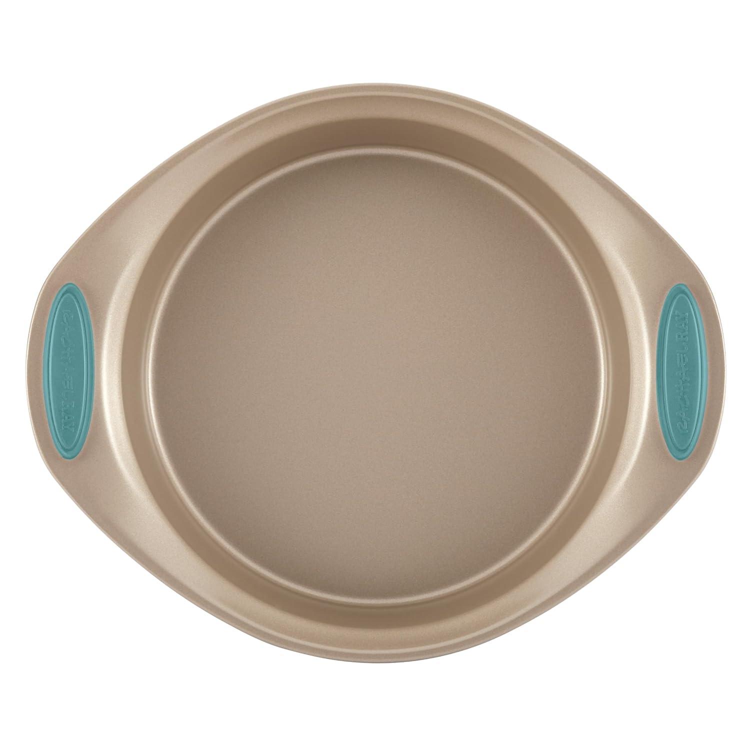 Rachael Ray 47578 Cucina Nonstick Bakeware Set with Grips Includes Nonstick Bread Pan, Baking Sheet, Cookie Sheet, Baking Pans, Cake Pan and Muffin Pan - 10 Piece, Latte Brown with Agave Blue Grips
