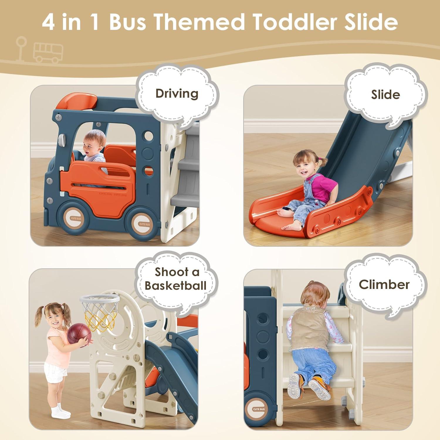 Suteck 4 in 1 Toddler Slide, Kids Slide with Climber and Bus Playhouse Outdoor Indoor Slide Playset