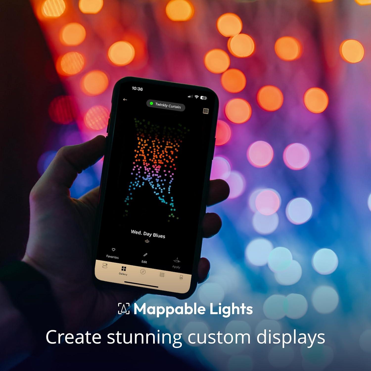 Twinkly Curtain App-Controlled LED Christmas Lights with 210 RGB+W (16 Million Colors + Warm White) LEDs. 5 by 7 feet. Clear Wire