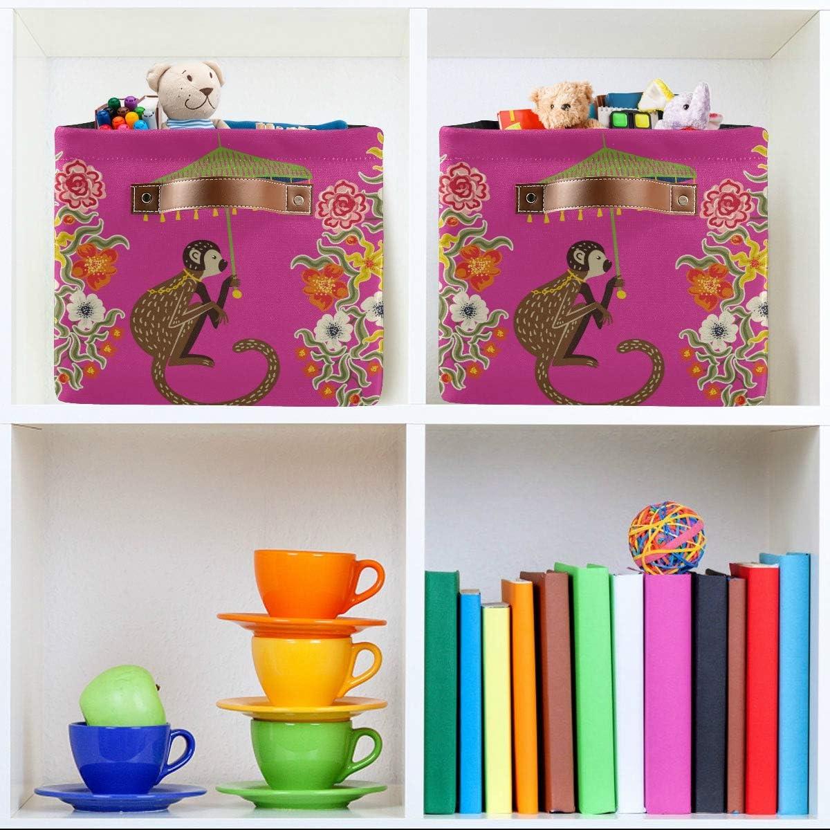 Storage Basket Cube Vintage Monkey Chinoiserie Umbrella Large Collapsible Toys Storage Box Bin Laundry Organizer for Closet Shelf Nursery Kids Bedroom,15x11x9.5 in,2 Pack