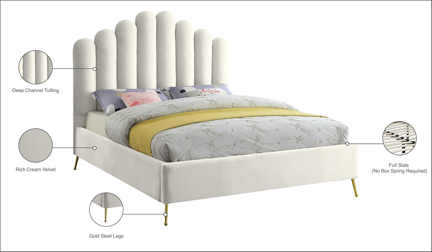 Meridian Furniture Contemporary Velvet Upholstered Platform Bed with Sturdy Gold Steel Legs and Deep Channel Tufted Headboard