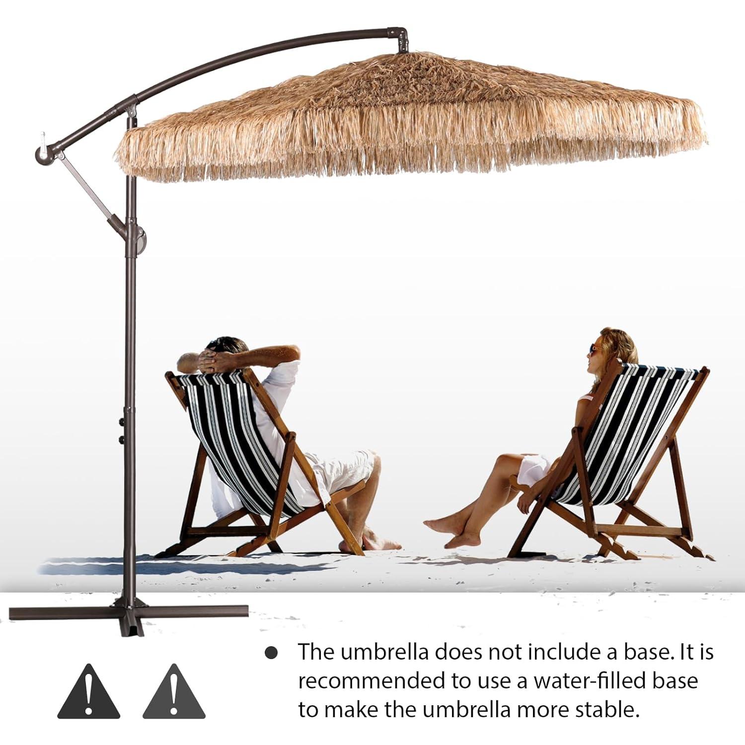 Aoodor 10FT Cantilever Tiki Thatch Patio Umbrella, Hand-Push Tilt Offset Umbrella for Outdoor, Natural Straw Look (No Base)
