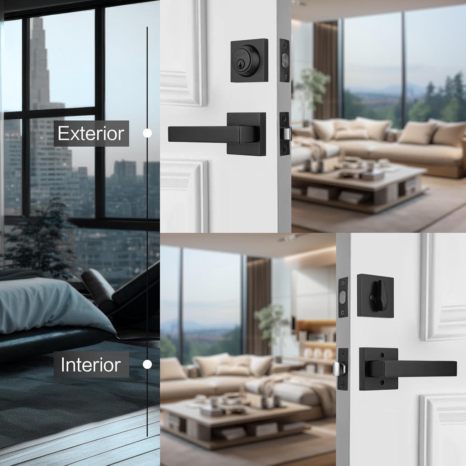 Matte Black Exterior Door Locksets with Deadbolt,Front Door Entry Handle and Single Cylinder Deadbolt Set, Square Door Lever with Keyed One Side Deadbolt Lock, 1Pack