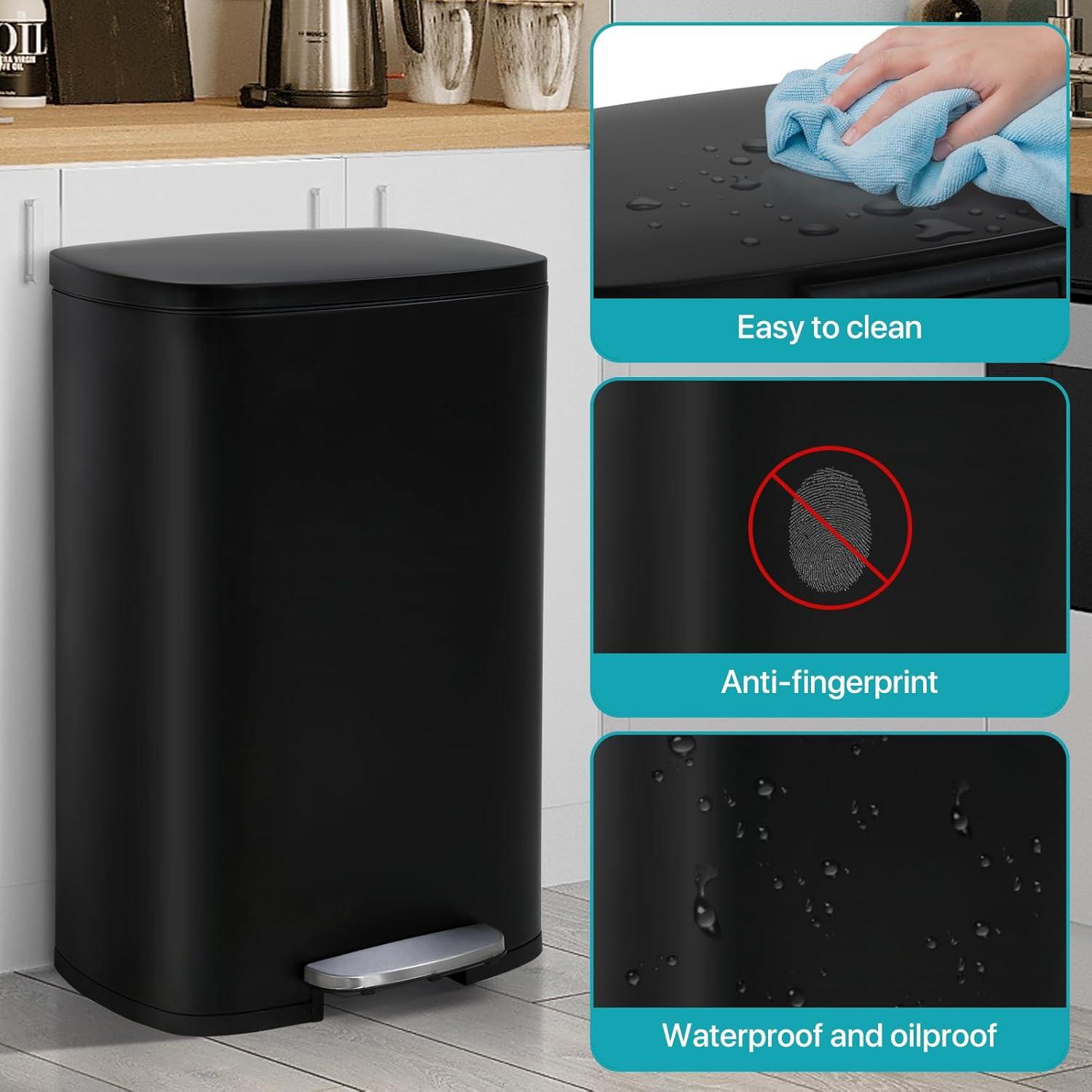 CL.HPAHKL 13 Gallon (50L)Trash Can ,Kitchen Trash Can, Stainless Steel with Lid, Foot Pedal and Inner Bucket, Fingerprint-Resistant Soft Close Lid Garbage Can, Pedal Rubbish Bin for Home Office