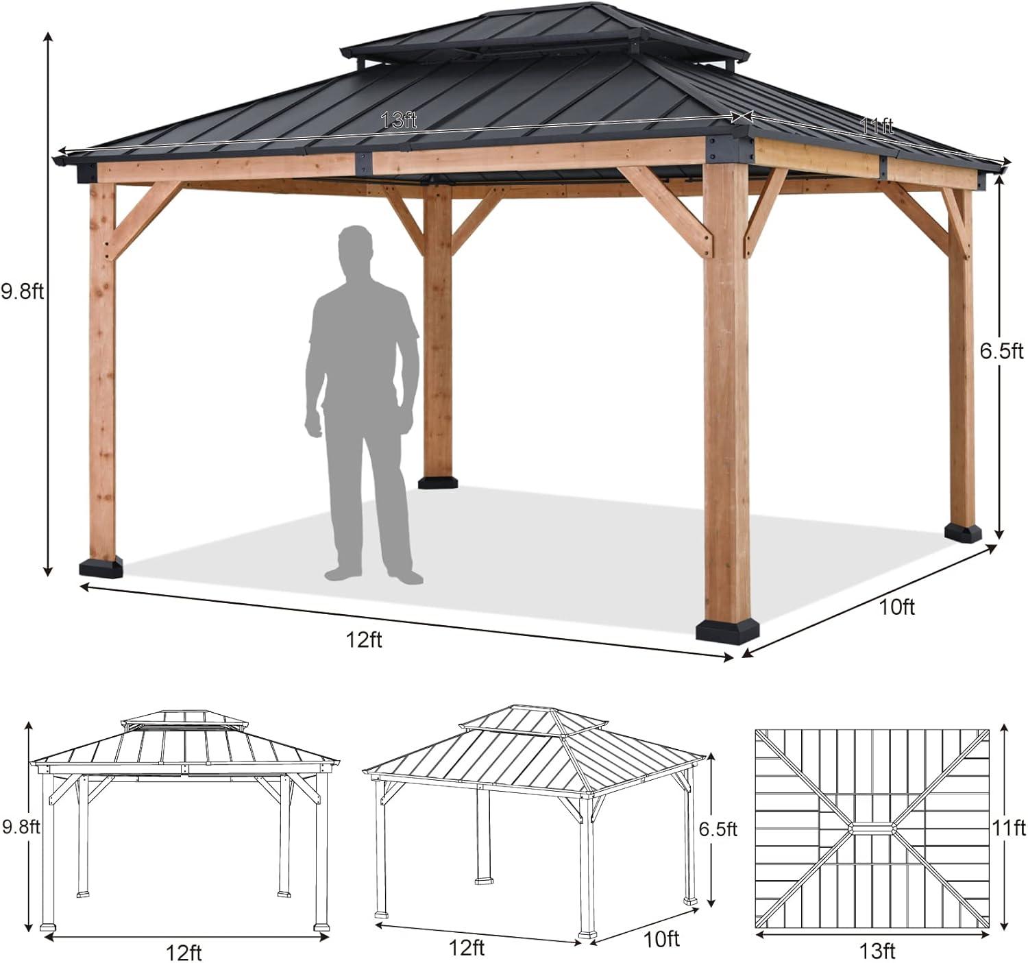11x13 Cedar Wood Gazebo with Black Metal Double Roof