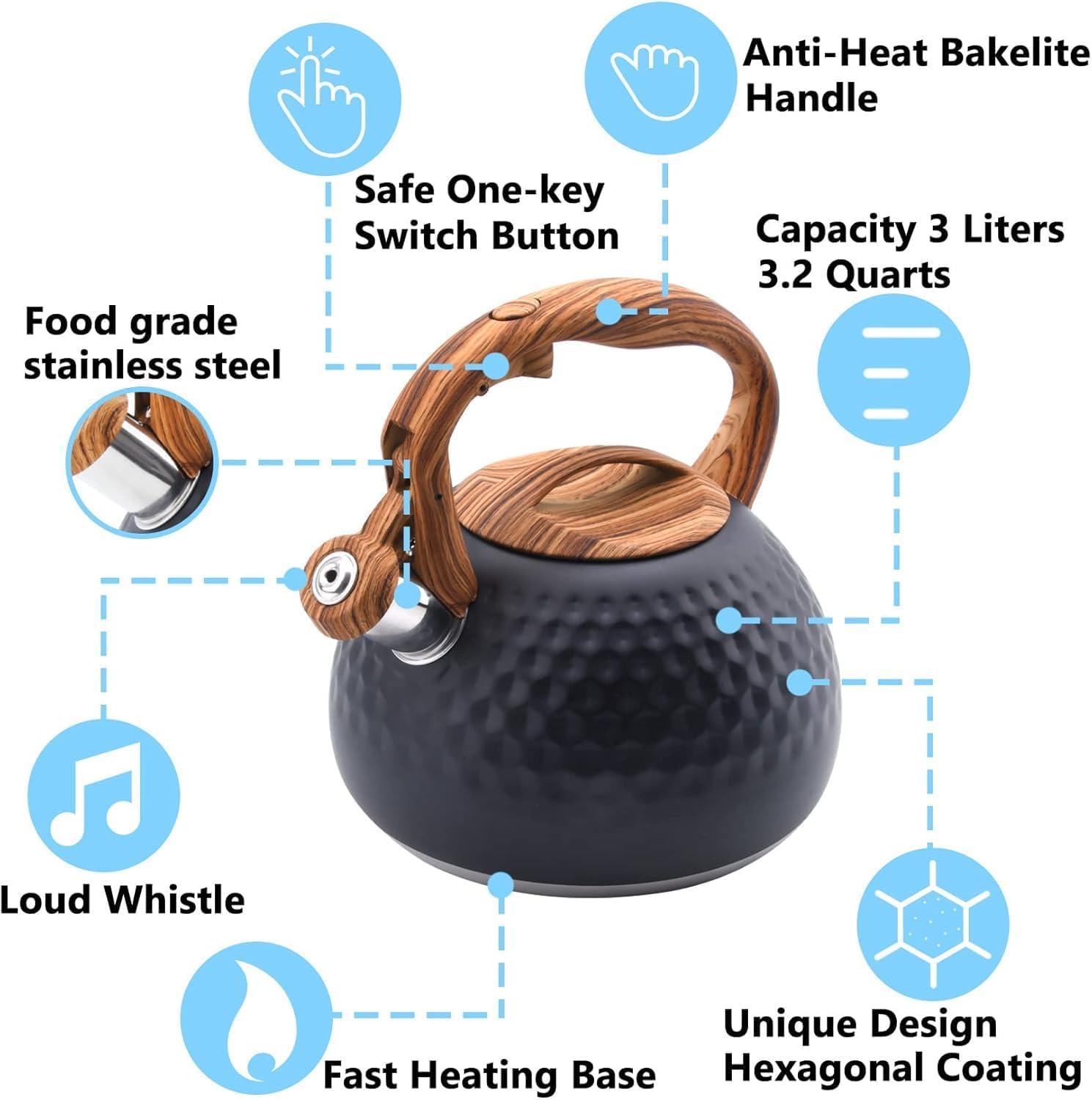MODERN WALLS LLC Tea Kettle, 3.2 Qt Stainless Steel Whistling Kettle For Stove Top, Food Grade Teapot With Wood Pattern Handle For Coffee, Milk Etc, Gas Electric Applicable