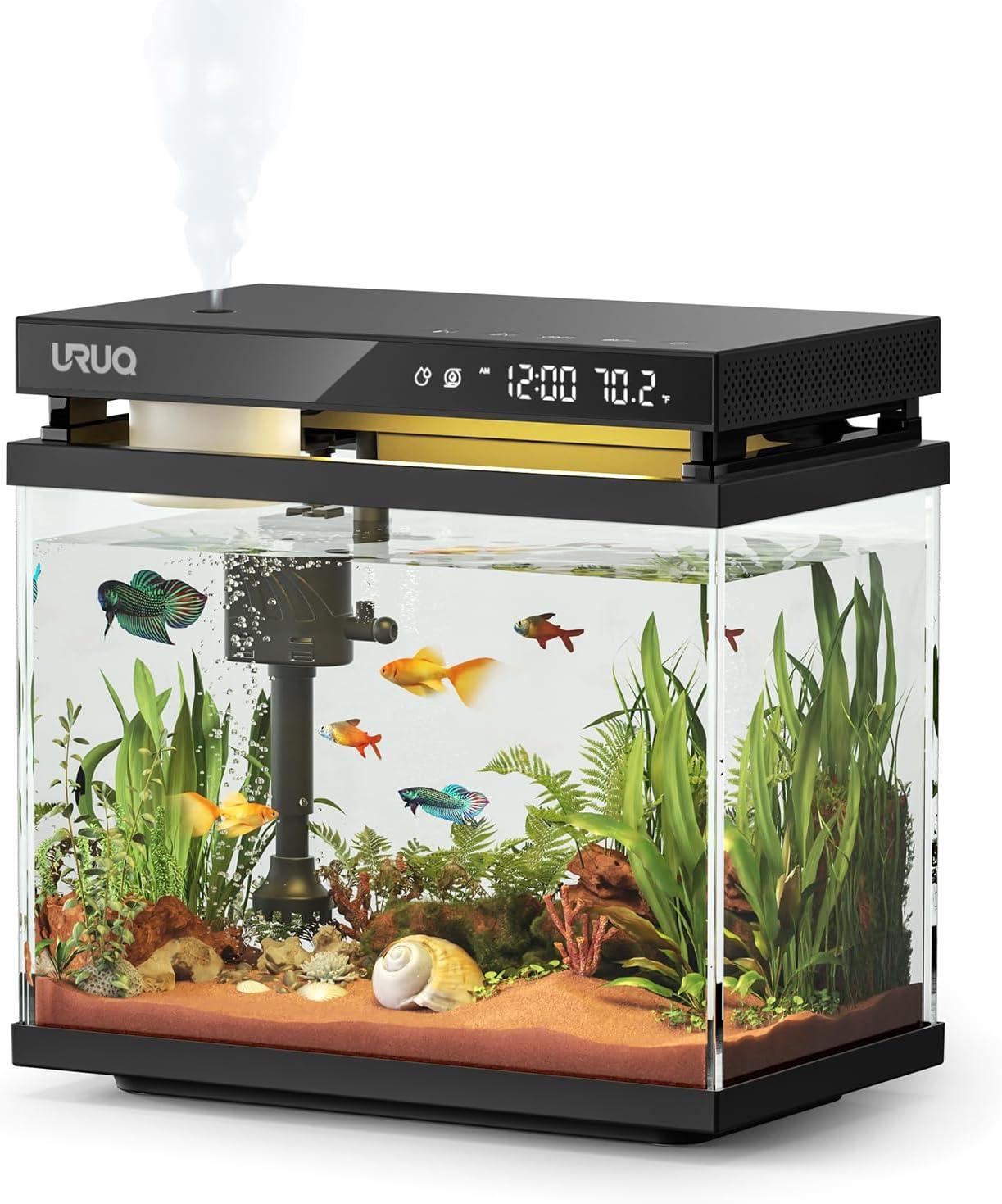Latitude Run® Fish Tank Smart Aquarium Kit: 2 Gallon UHD Glass Silent Water Pump Self Cleaning Multi Layer Filtration System - Temperature Sensing 7-Color Lighting For Small Fish Betta Kids Room Desktop Decor