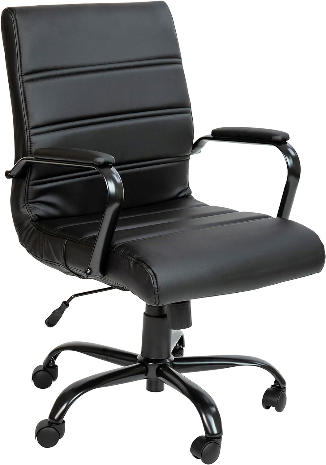 Modern Mid-Back Black LeatherSoft Swivel Executive Chair with Metal Arms