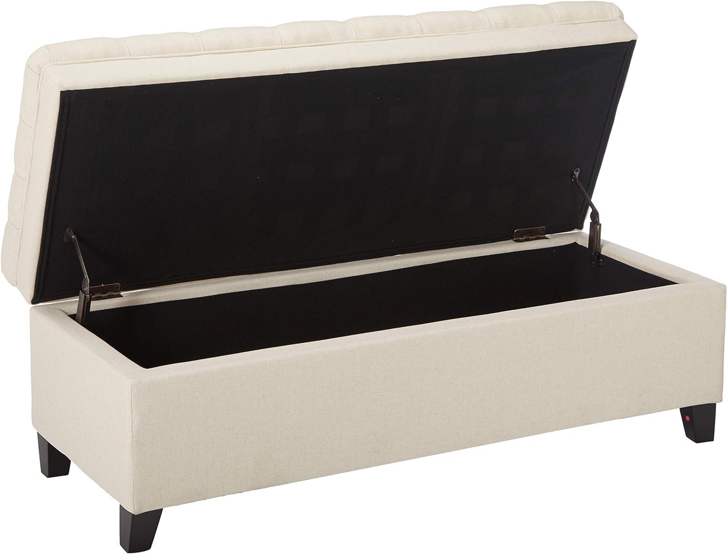 Beige Tufted Fabric Storage Ottoman with Birch Legs