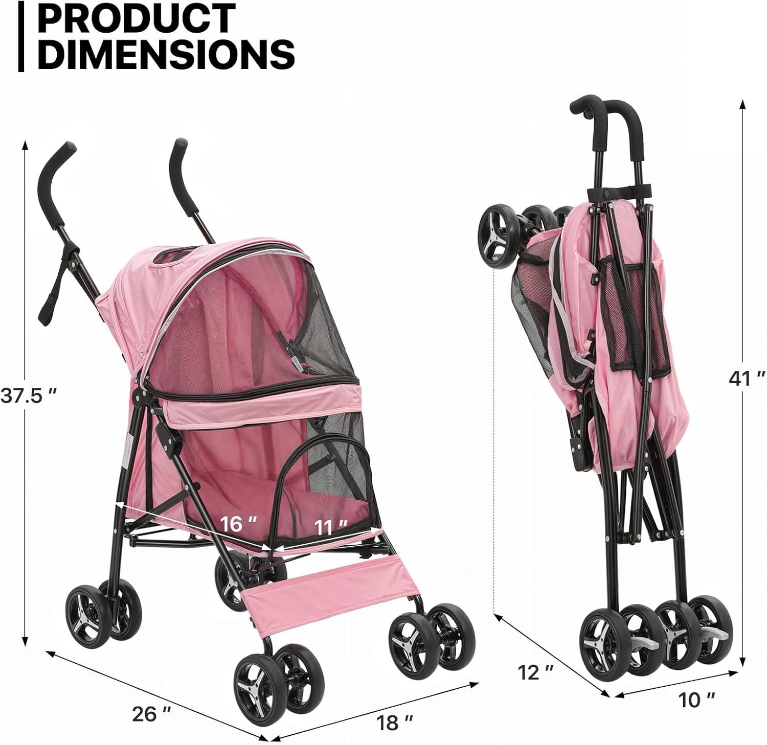 MoNiBloom Foldable Lightweight Dog Stroller for Small Medium Dogs, Pet Stroller,4 Wheel, Pink
