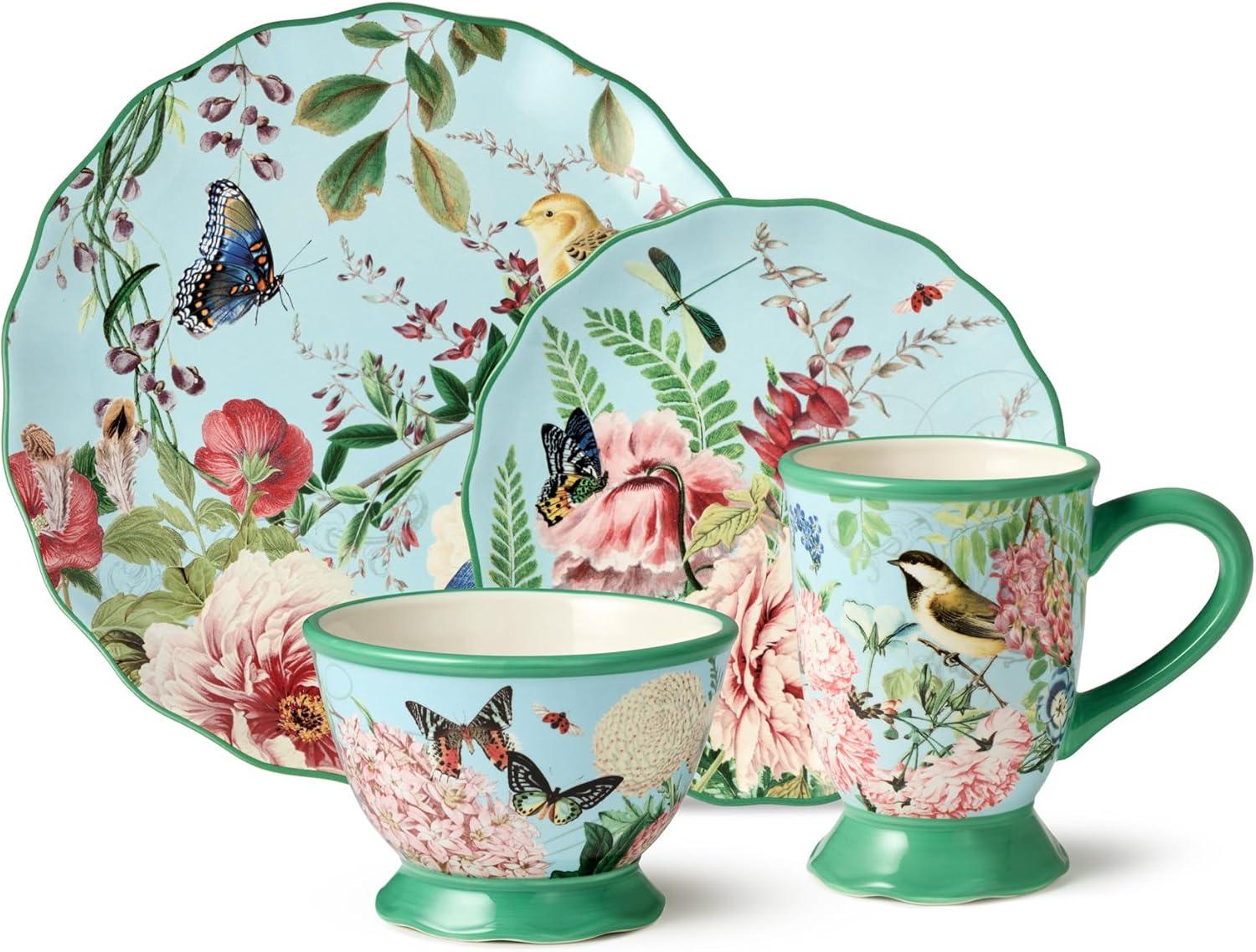 Certified International Flora 16-Piece Dinnerware Set, Service for 4 – Includes Dinner Plates, Dessert Plates, Pedestal Mugs, and Pedestal Ice Cream Bowls with Vibrant Nature-Inspired Floral Designs