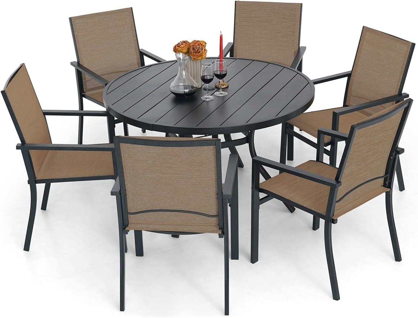 Homall Patio Dining Set 7 Pieces Outdoor Furniture with Large Table and 6 Textilene Chairs for Porch, Brown